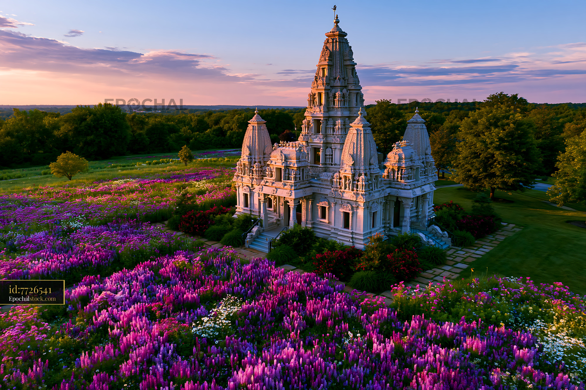 Watermarked full-resolution preview of Temple surrounded by colorful flowers at sunset