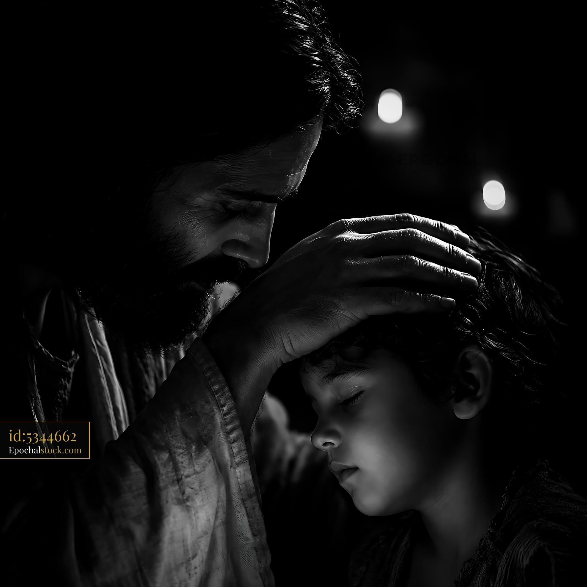 Watermarked full-resolution preview of Man blessing child in dimly lit environment