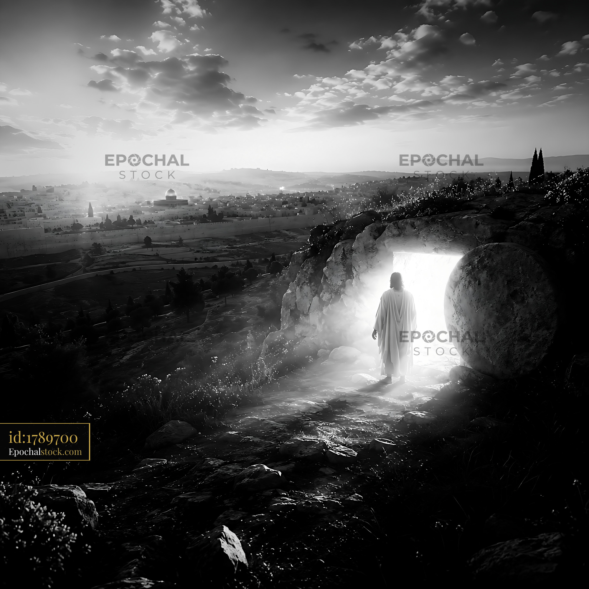 Watermarked full-resolution preview of Figure emerging from a cave in a desert landscape