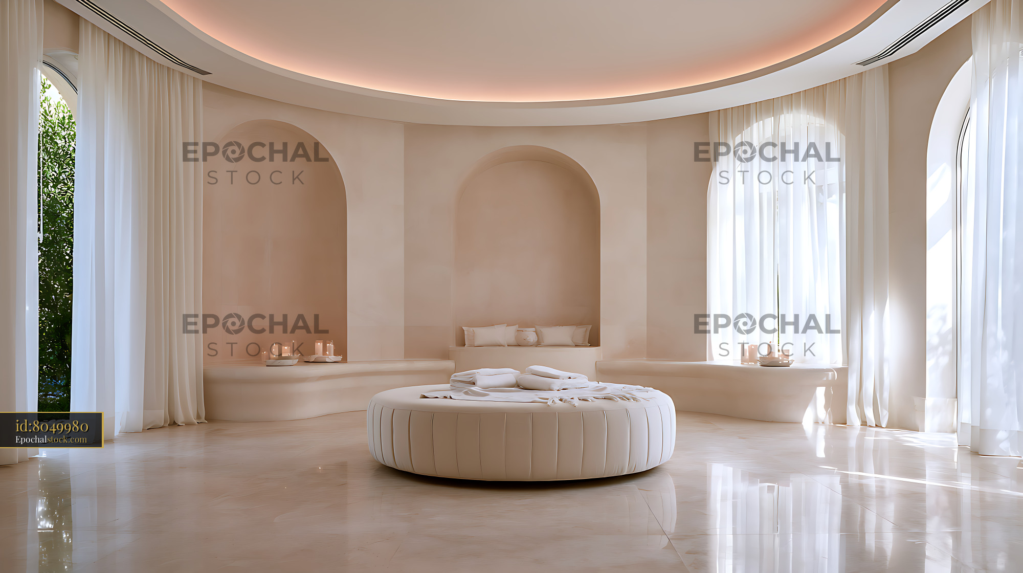 Watermarked full-resolution preview of Bright luxury spa interior with round treatment bed