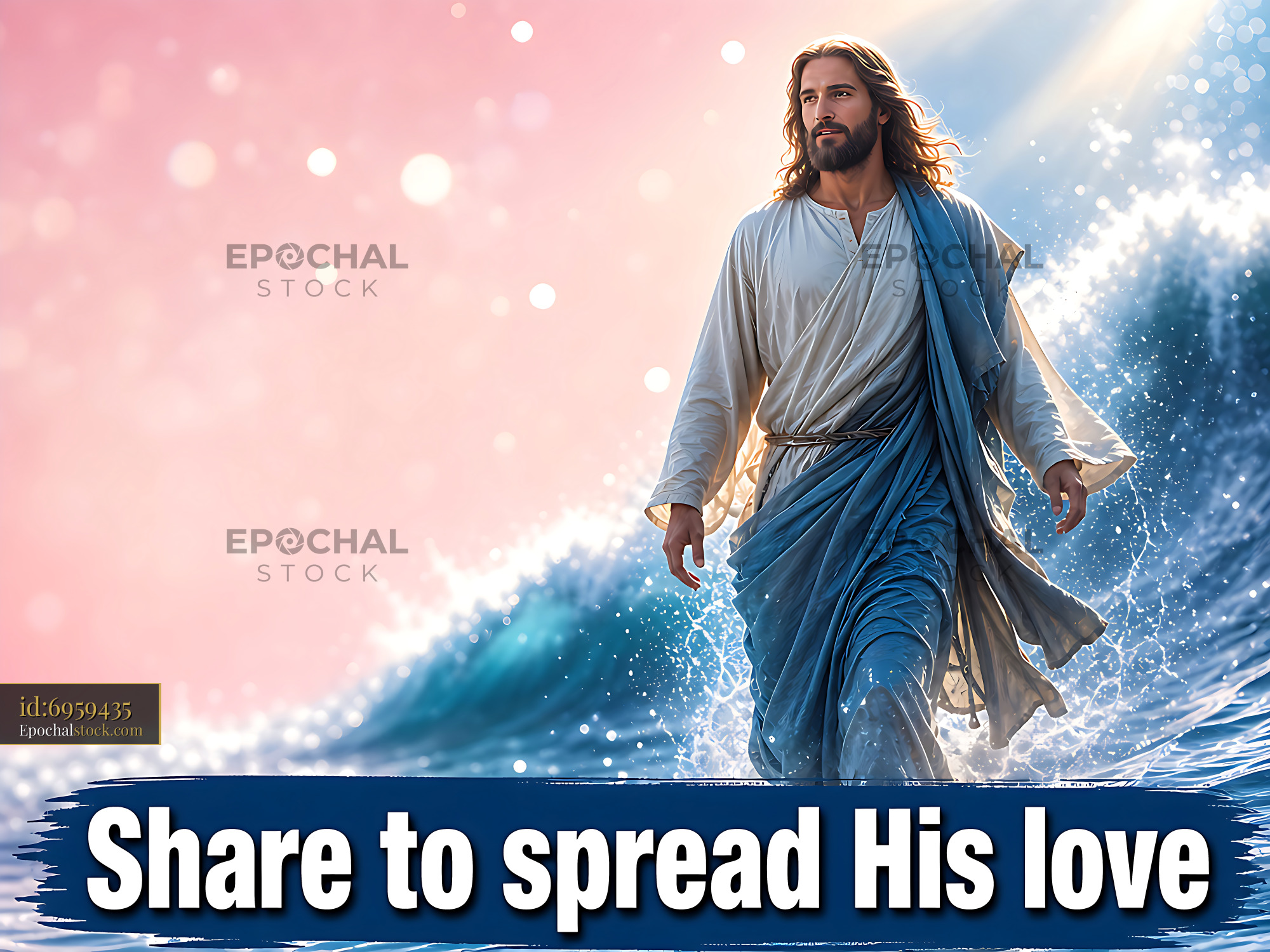 Watermarked full-resolution preview of Jesus walking on water with ocean waves