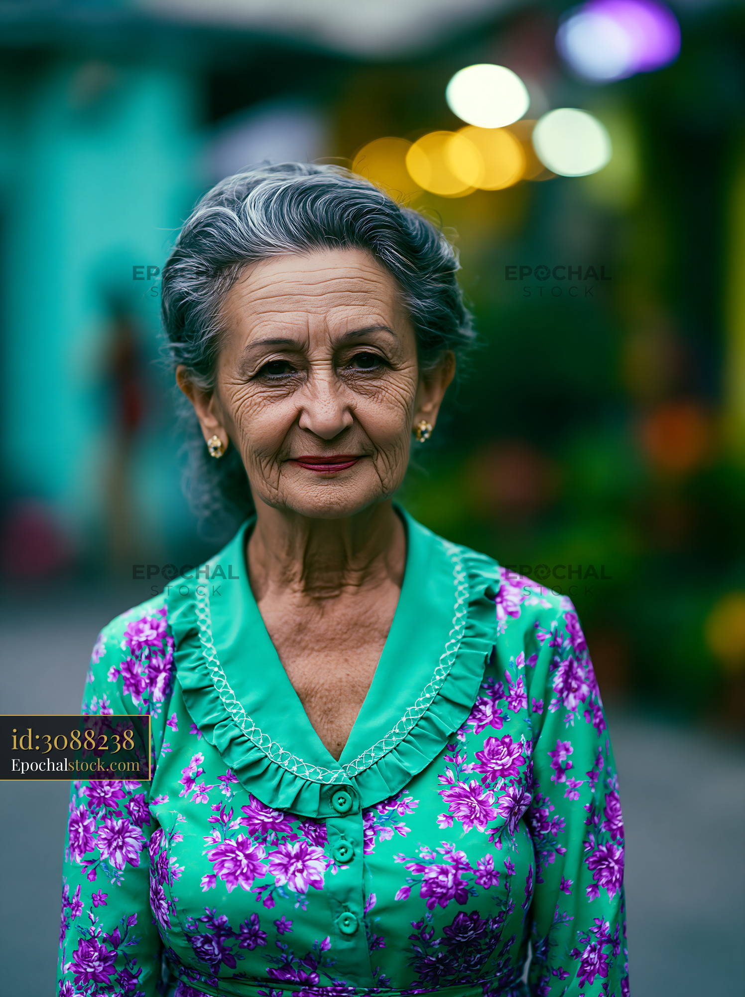 Watermarked full-resolution preview of Elderly woman in traditional clothing stands in vibrant market