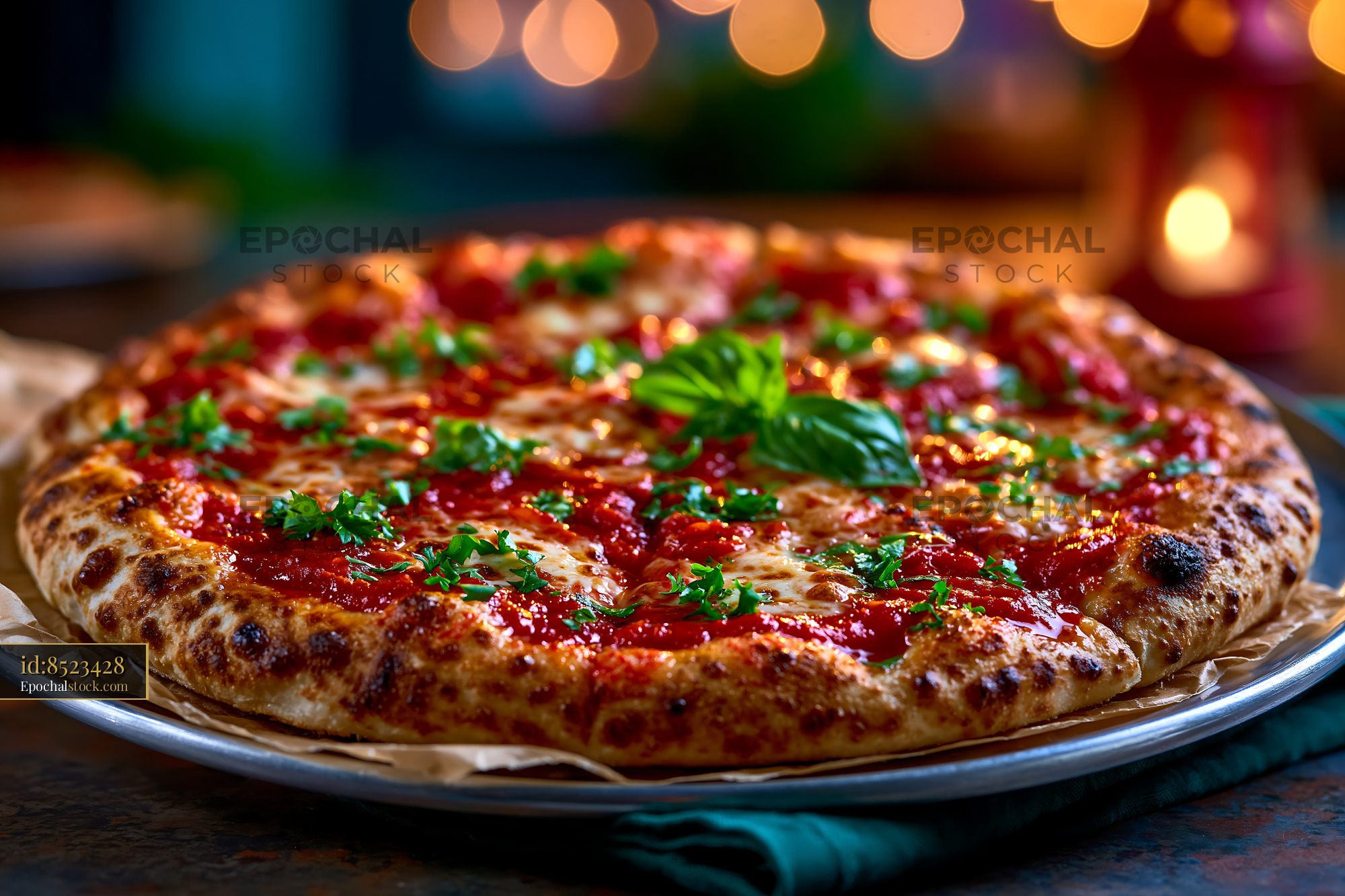 Watermarked full-resolution preview of Fresh cheese pizza topped with herbs in warm restaurant light