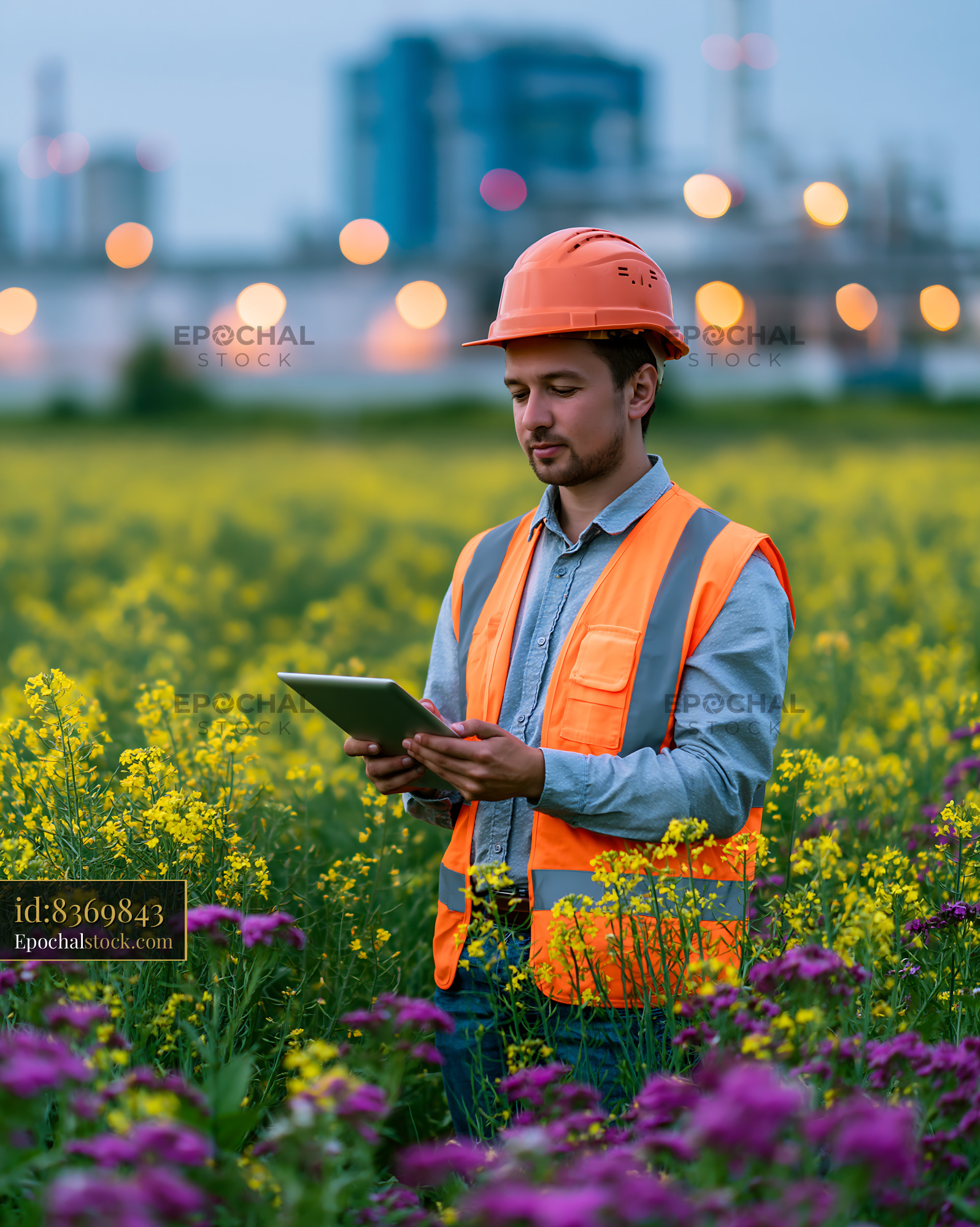 Watermarked full-resolution preview of Worker in safety gear using a tablet in a field of flowers