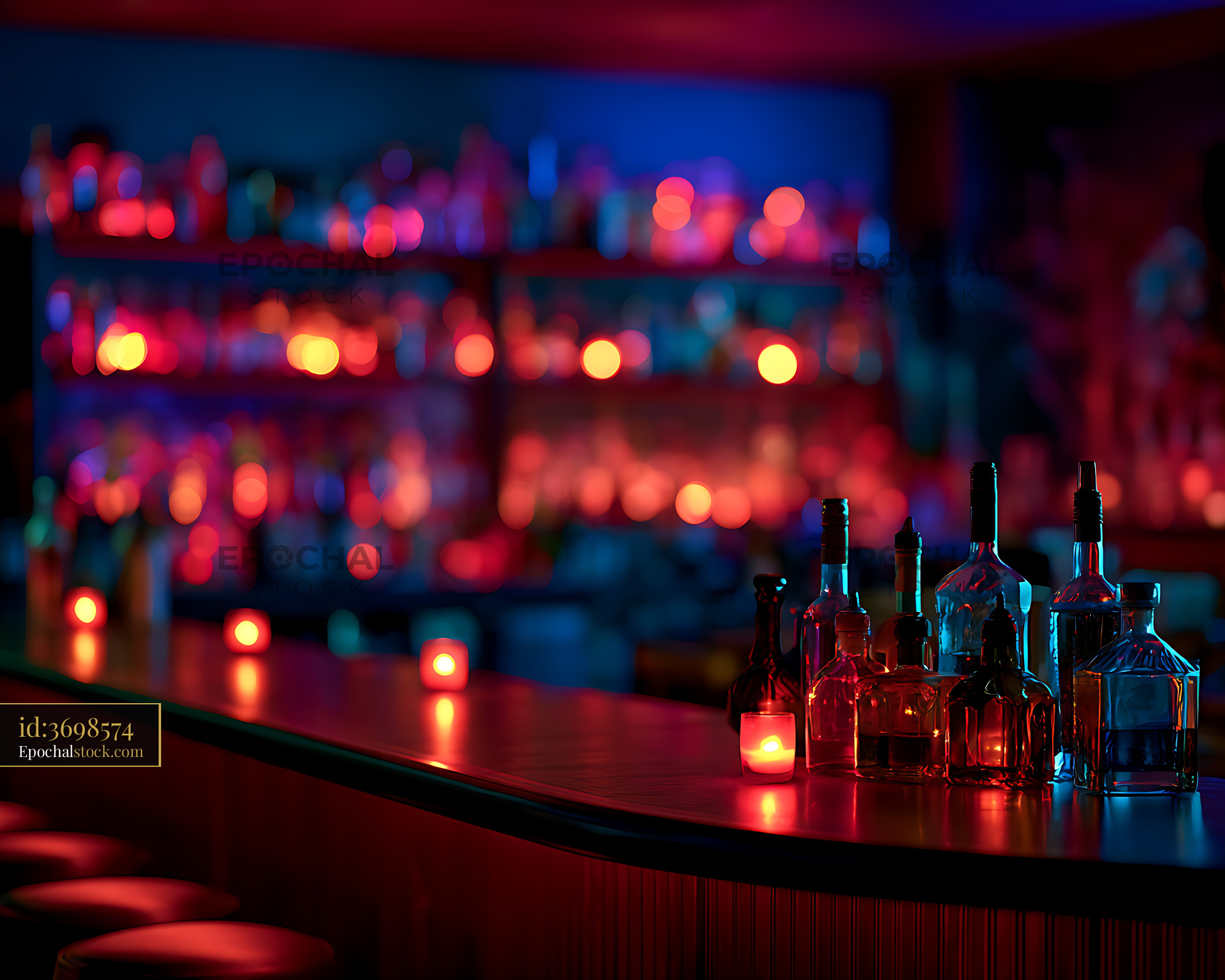 Watermarked full-resolution preview of Assorted Bottles and Candles in a Colorful Bar Setting