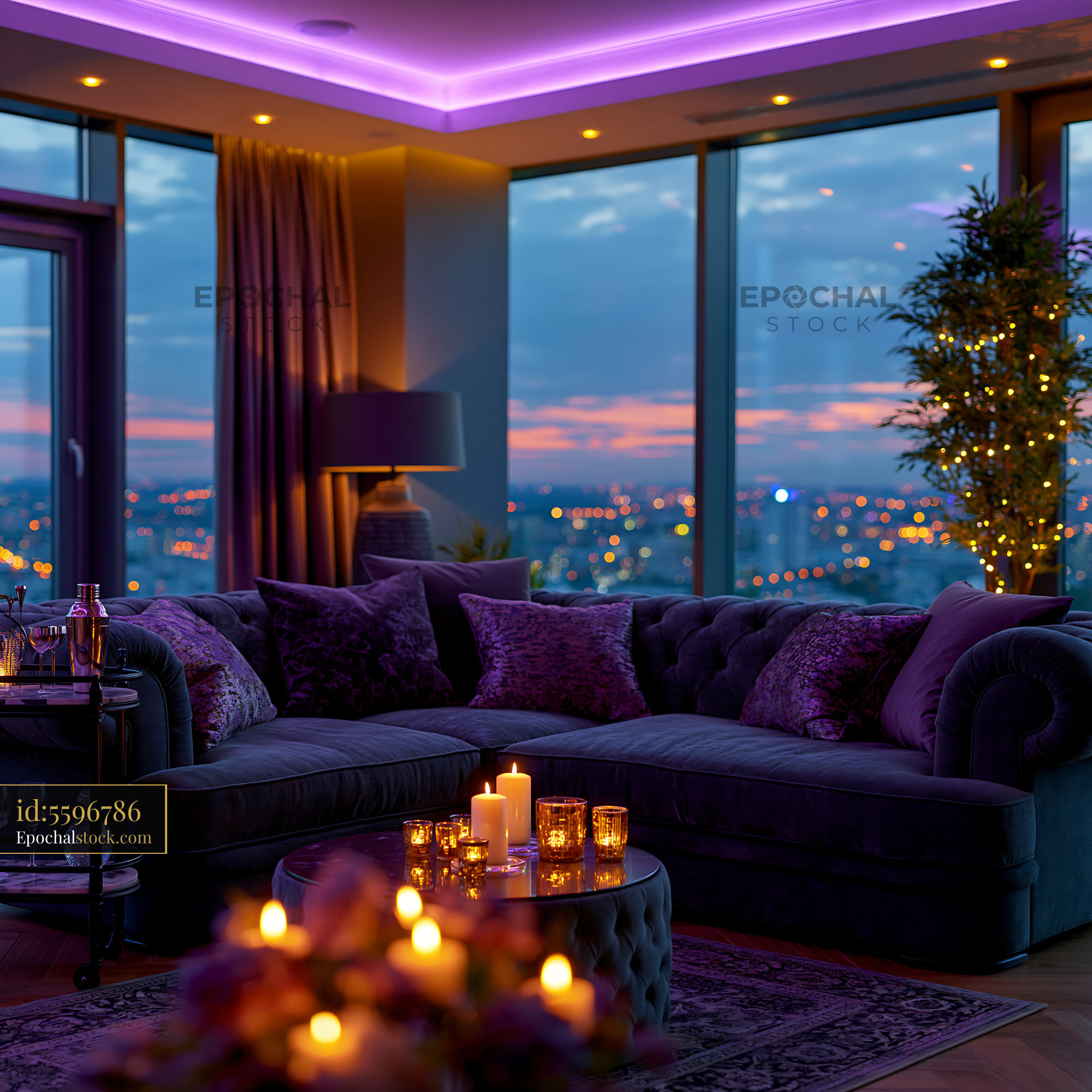 Watermarked full-resolution preview of Modern living room with city view at dusk