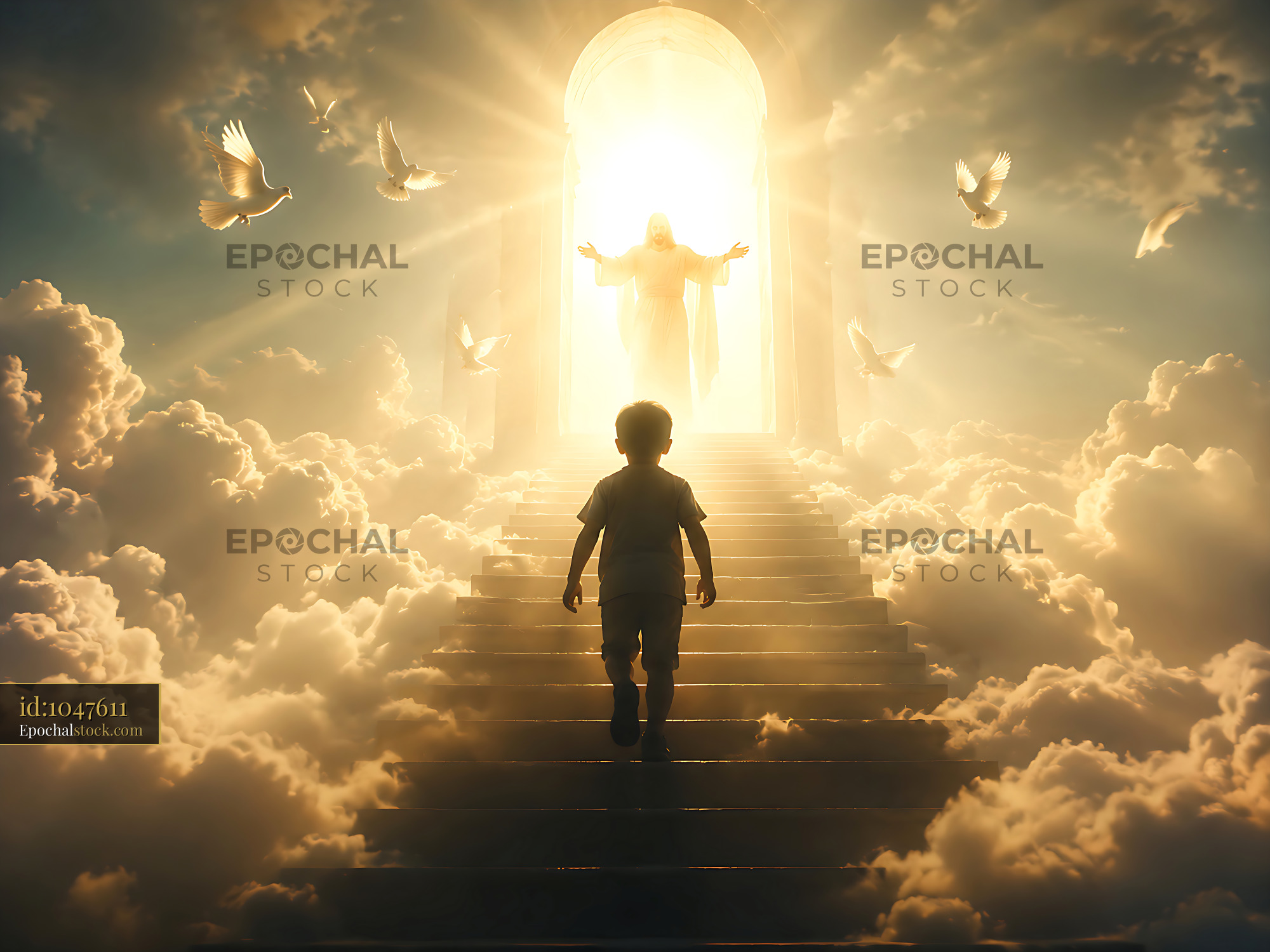 Watermarked full-resolution preview of Child walking towards a figure in a bright doorway among clouds