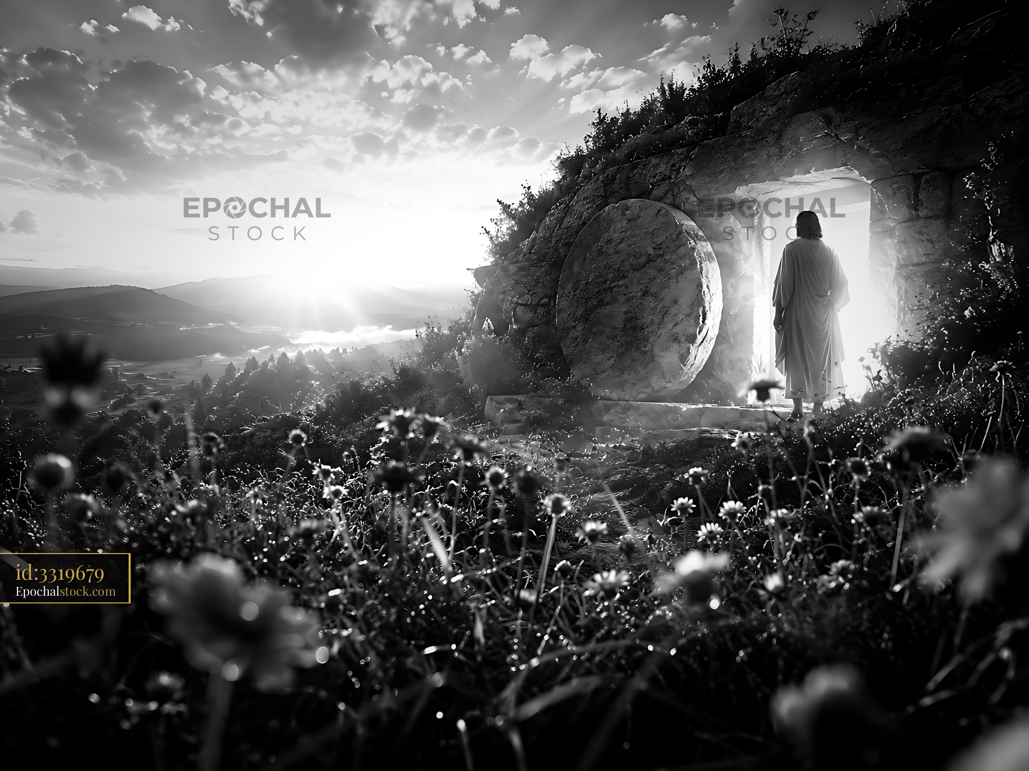 Watermarked full-resolution preview of Person standing at the entrance of an ancient stone tomb