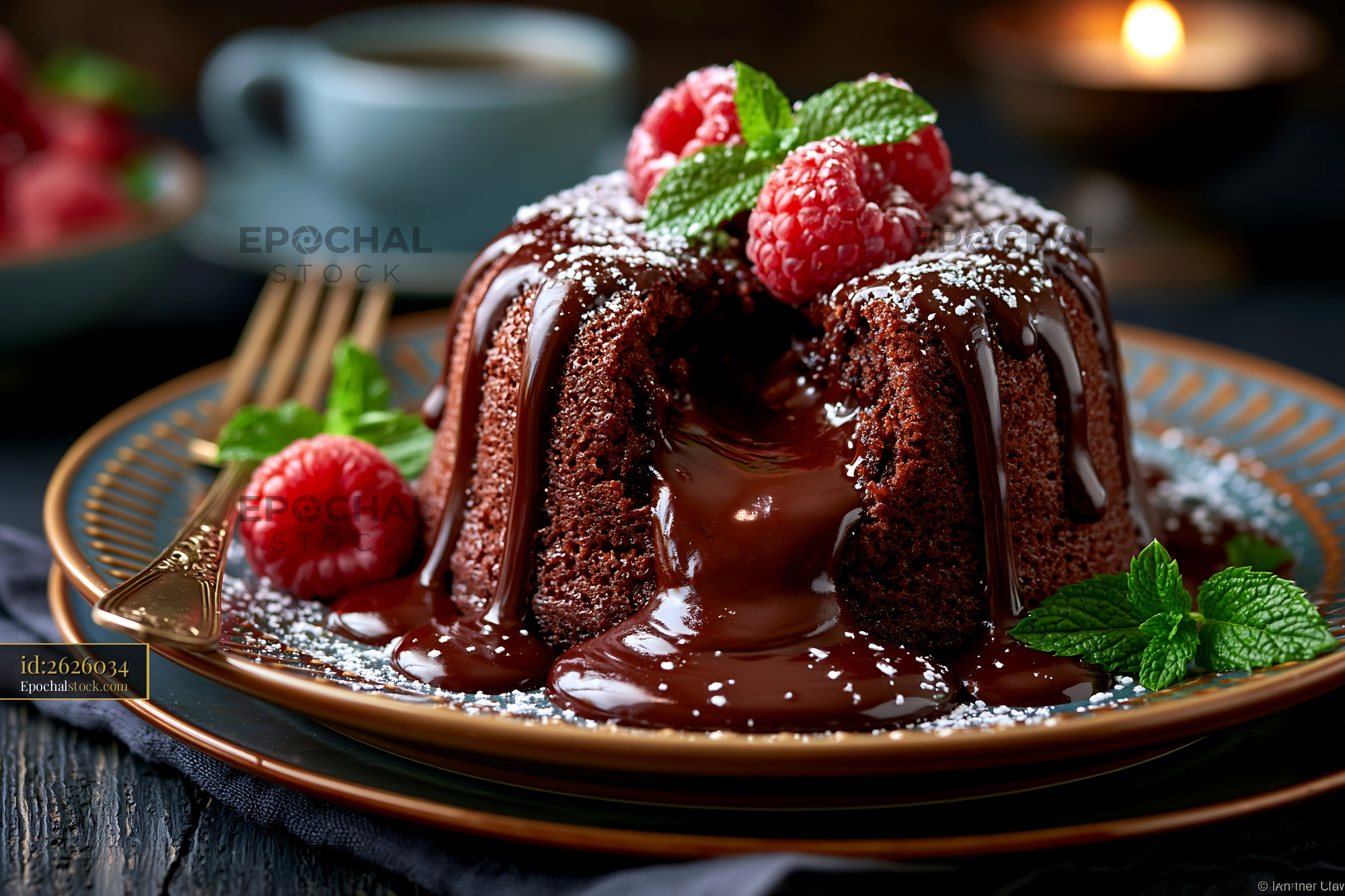 Watermarked full-resolution preview of Chocolate molten lava cake with raspberries and mint leaves