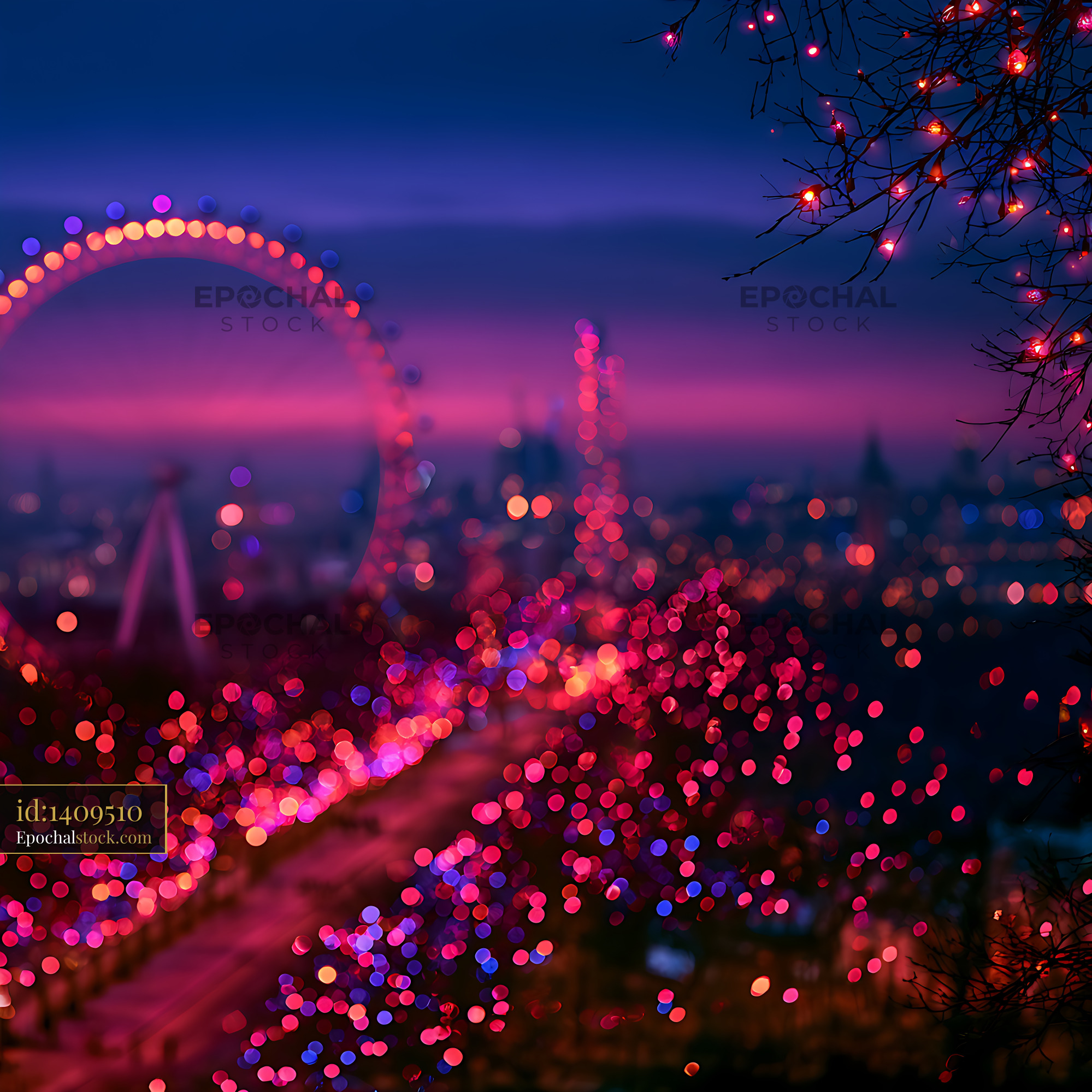 Watermarked full-resolution preview of Abstract colorful city bokeh and glowing branches at night