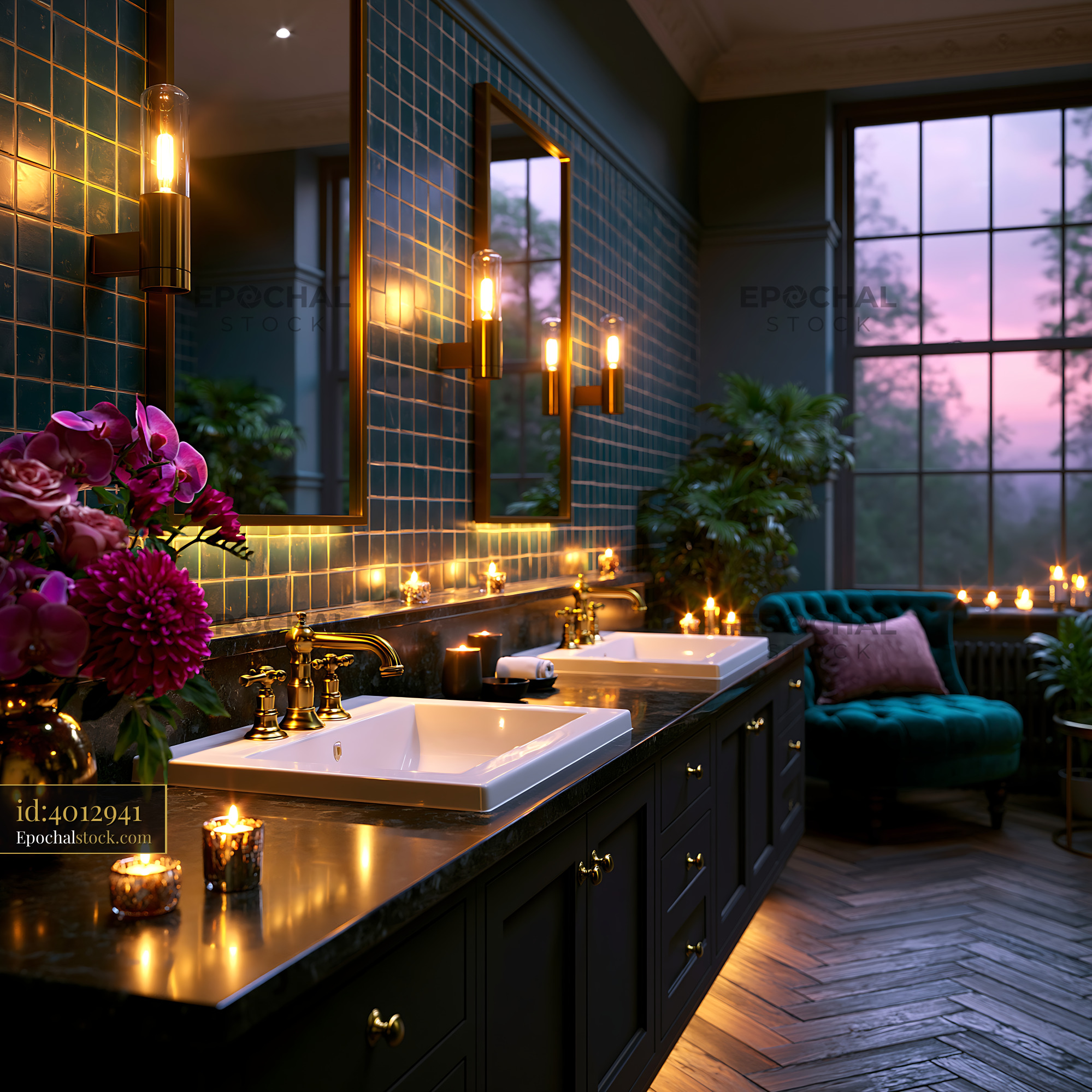 Watermarked full-resolution preview of Elegant candlelit bathroom interior at dusk