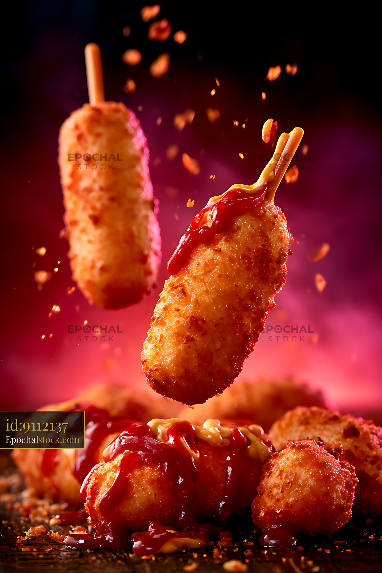 Watermarked full-resolution preview of Golden fried snacks with colorful sauces