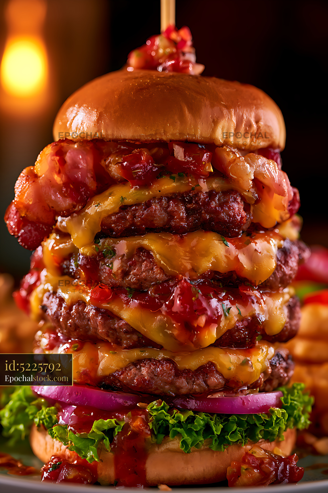 Watermarked full-resolution preview of Loaded double cheeseburger in dramatic close-up
