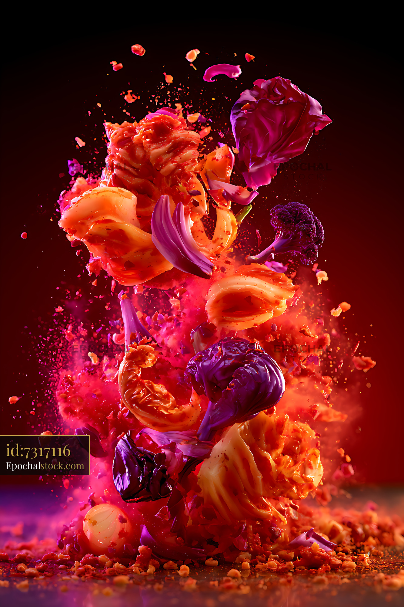 Watermarked full-resolution preview of Colorful flowers and petals bursting against a dark background