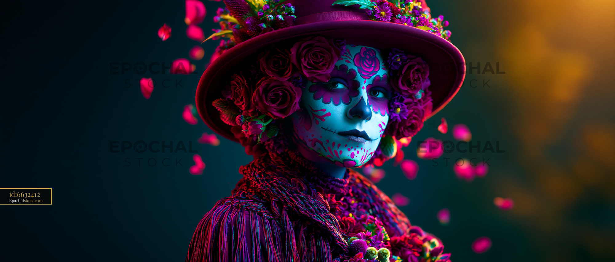 Watermarked full-resolution preview of Colorful face-painted person wearing a floral hat