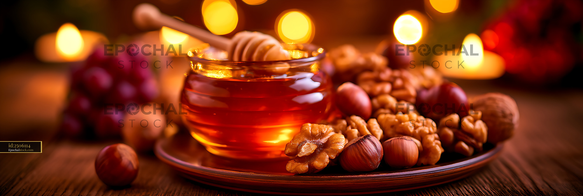 Watermarked full-resolution preview of Honey jar surrounded by nuts and warm candlelight