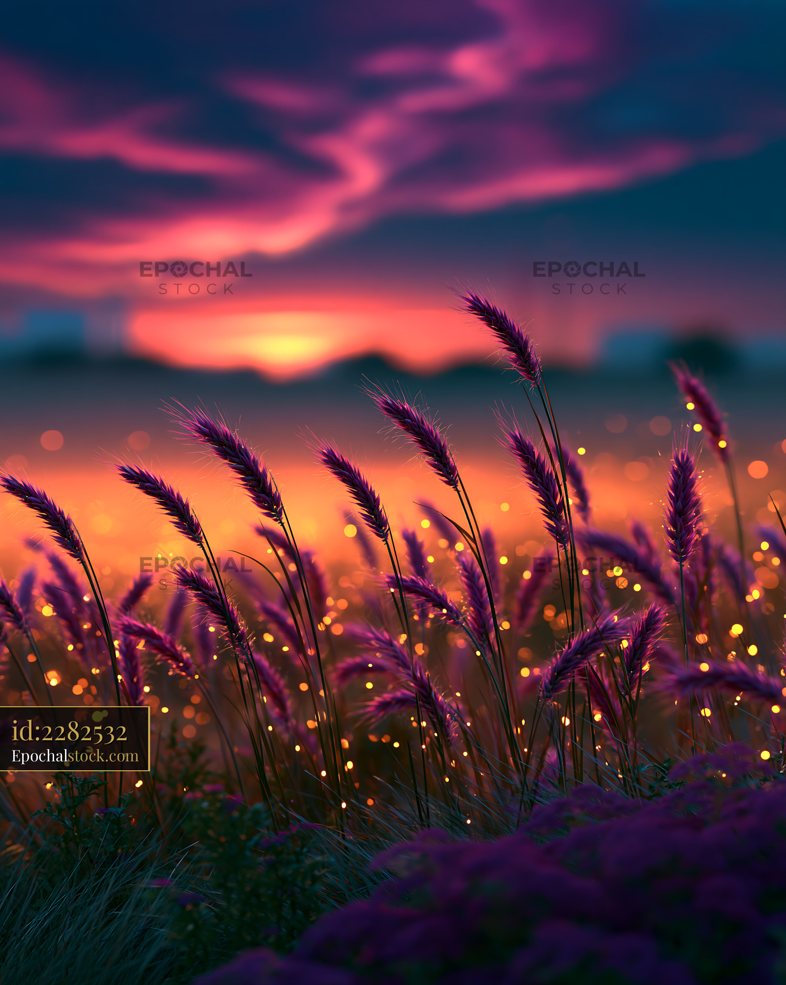 Watermarked full-resolution preview of Purple Grass in a Glowing Sunset Meadow