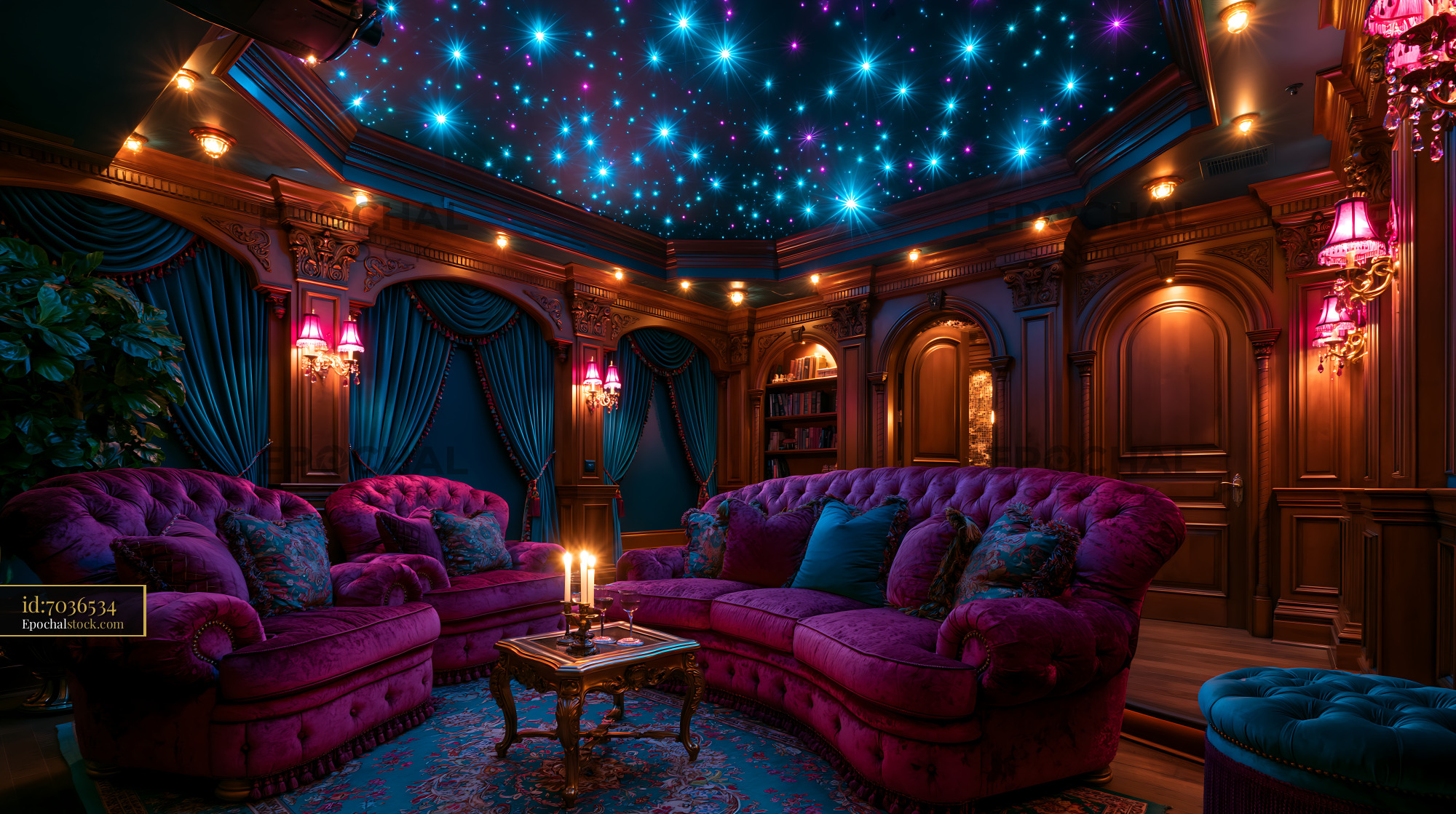 Watermarked full-resolution preview of Cozy lounge area with purple furniture and starlit ceiling