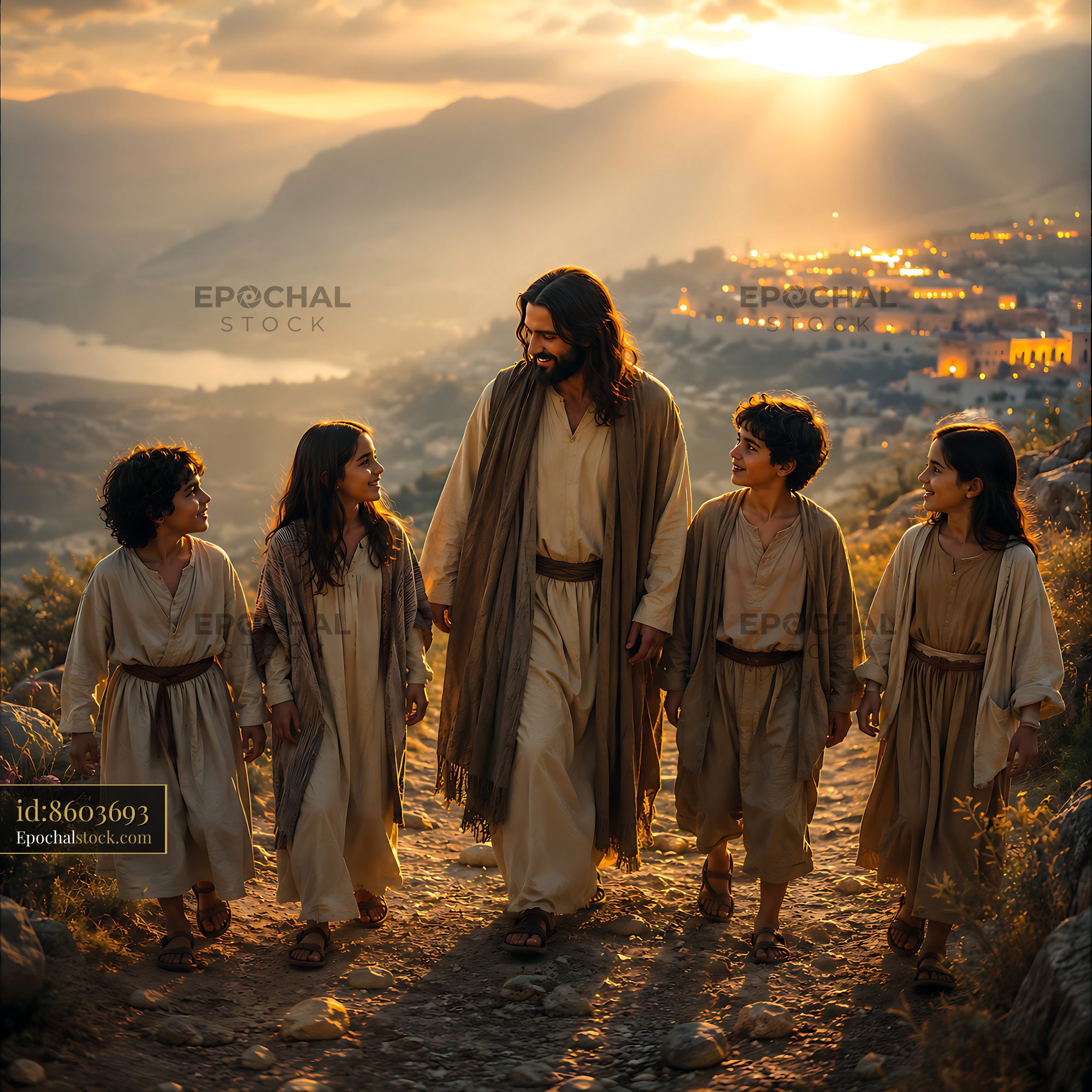 Watermarked full-resolution preview of Children walking with a man on a path at sunset