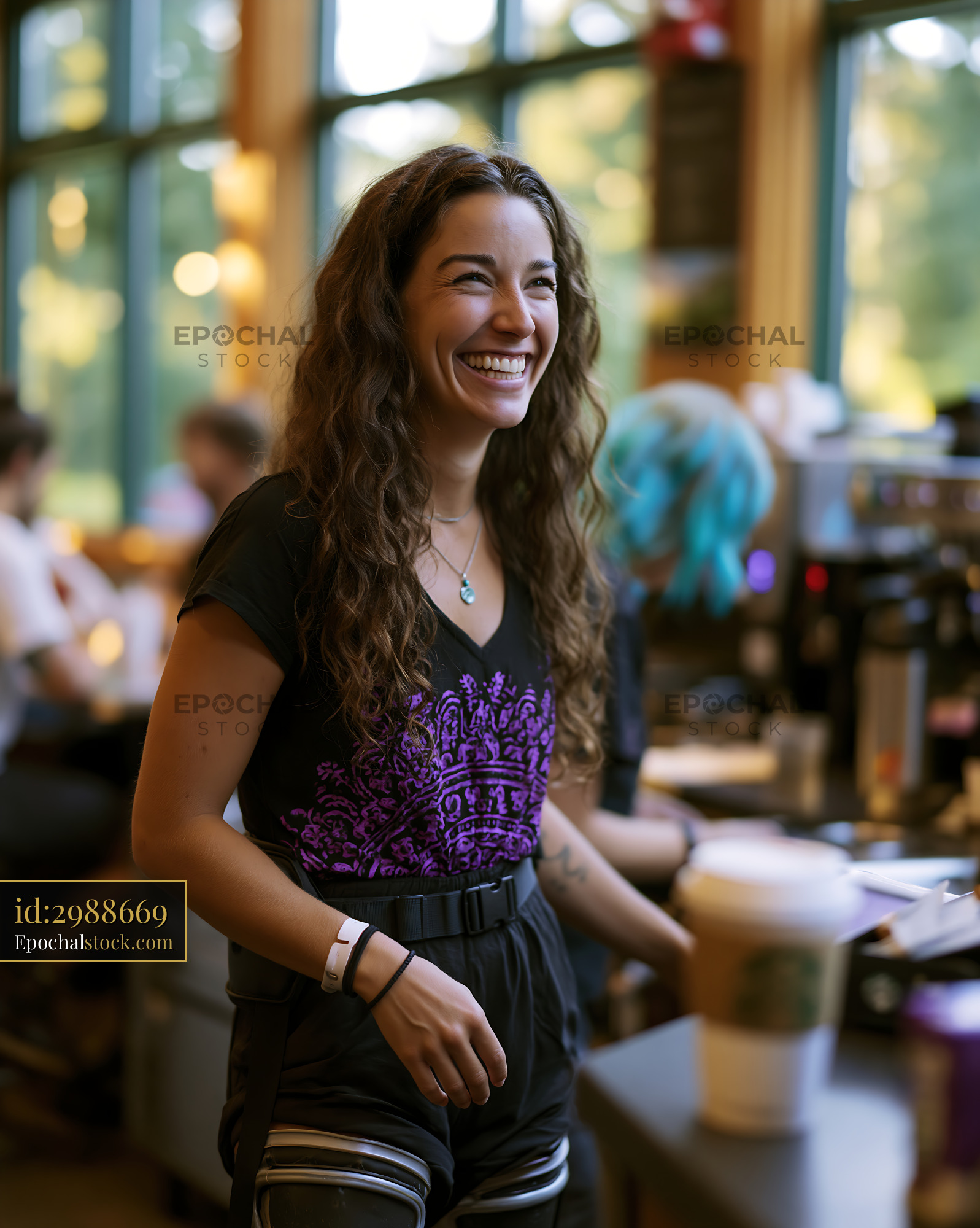 Laughing Student at Coffee Shop With Community Vibe, Daytime - stock photo
