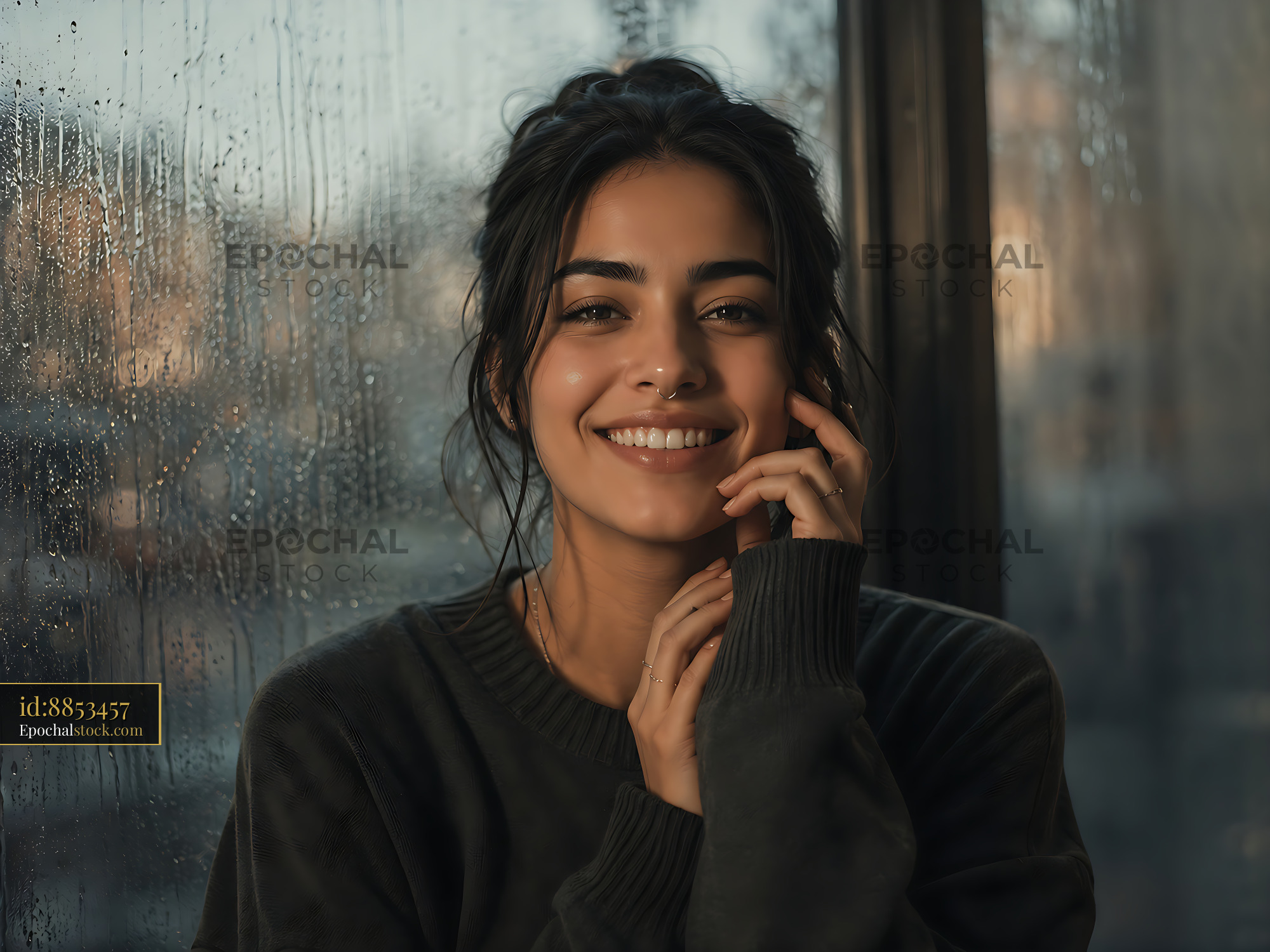 Watermarked full-resolution preview of Woman smiling by a foggy window during early evening