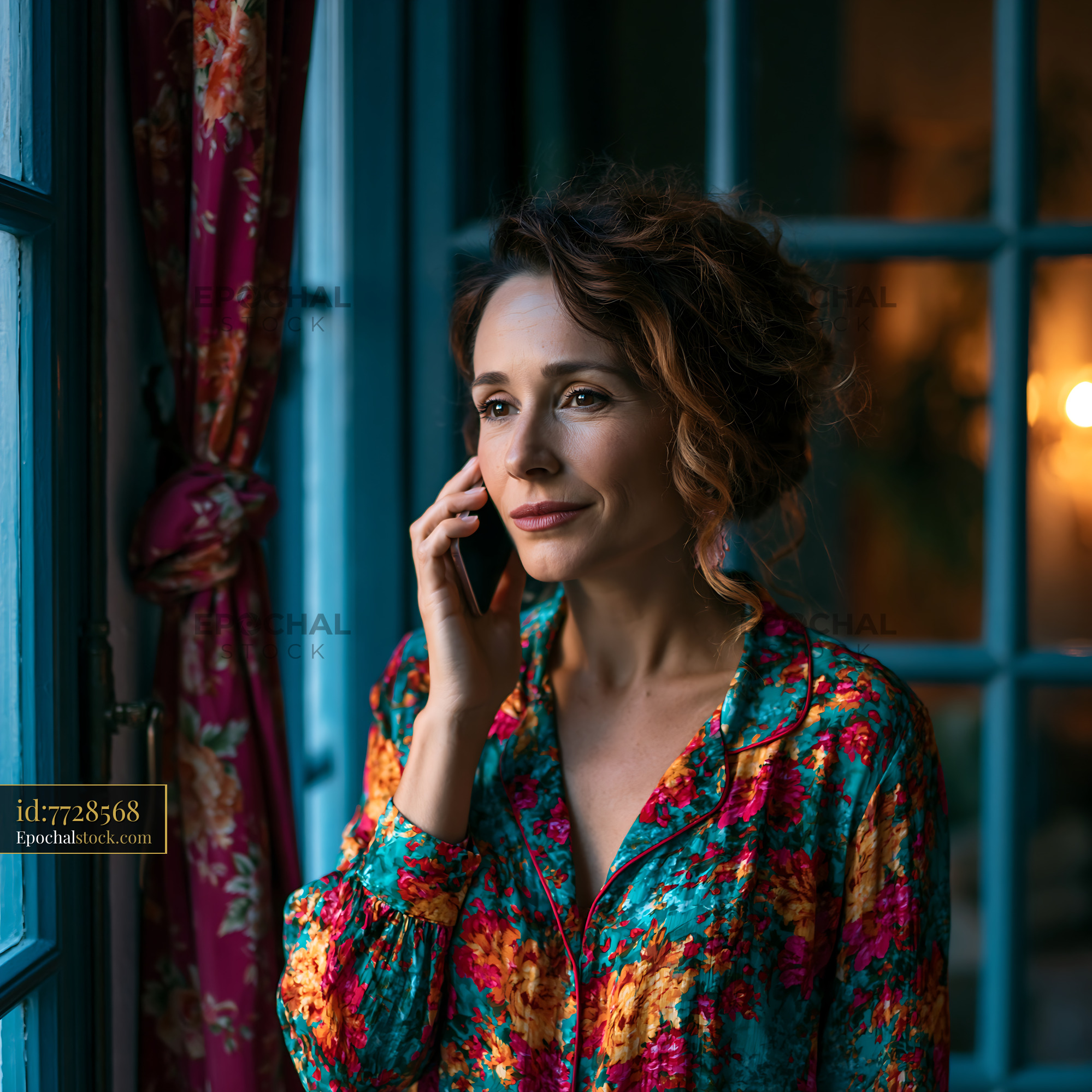 Watermarked full-resolution preview of Woman talking on the phone by a window in a cozy room