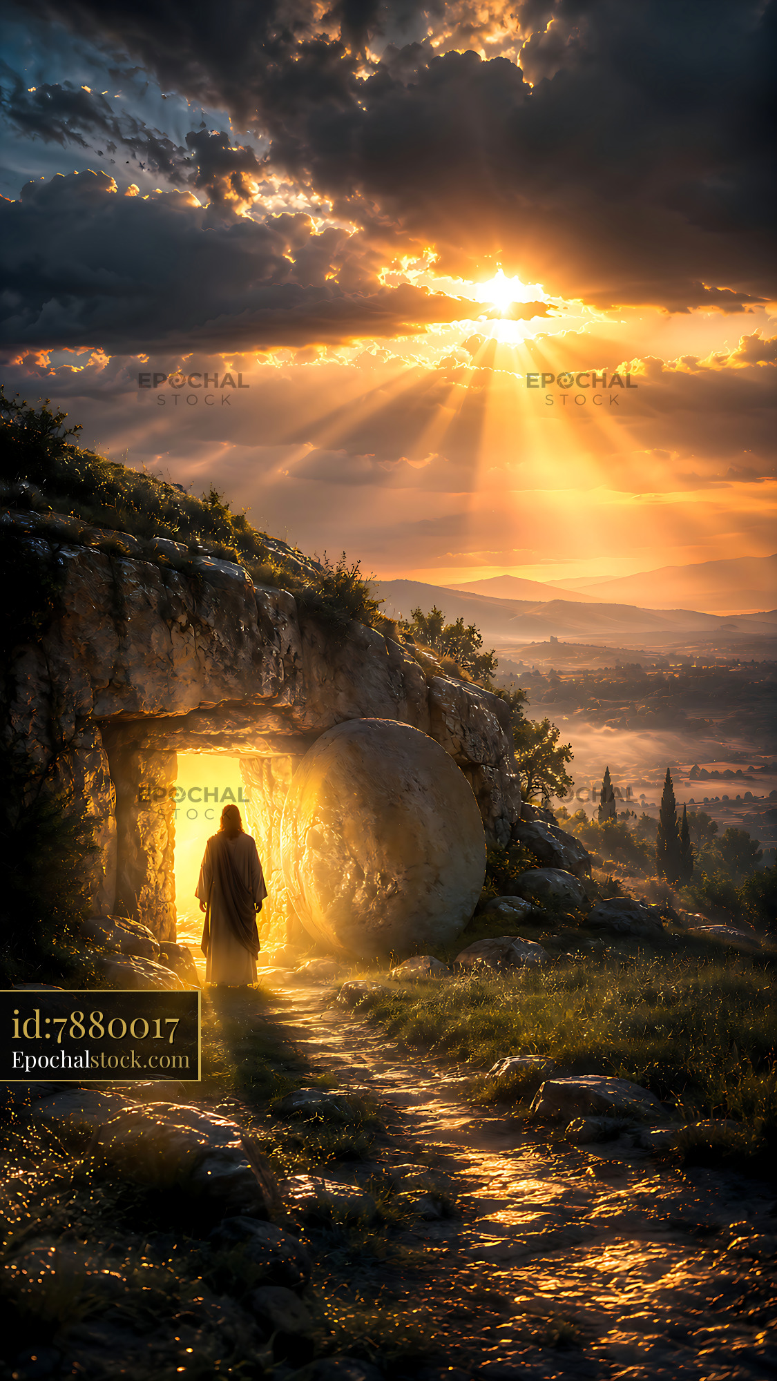 Light Emerges From the Cave as a Figure Stands in the Doorway - stock photo