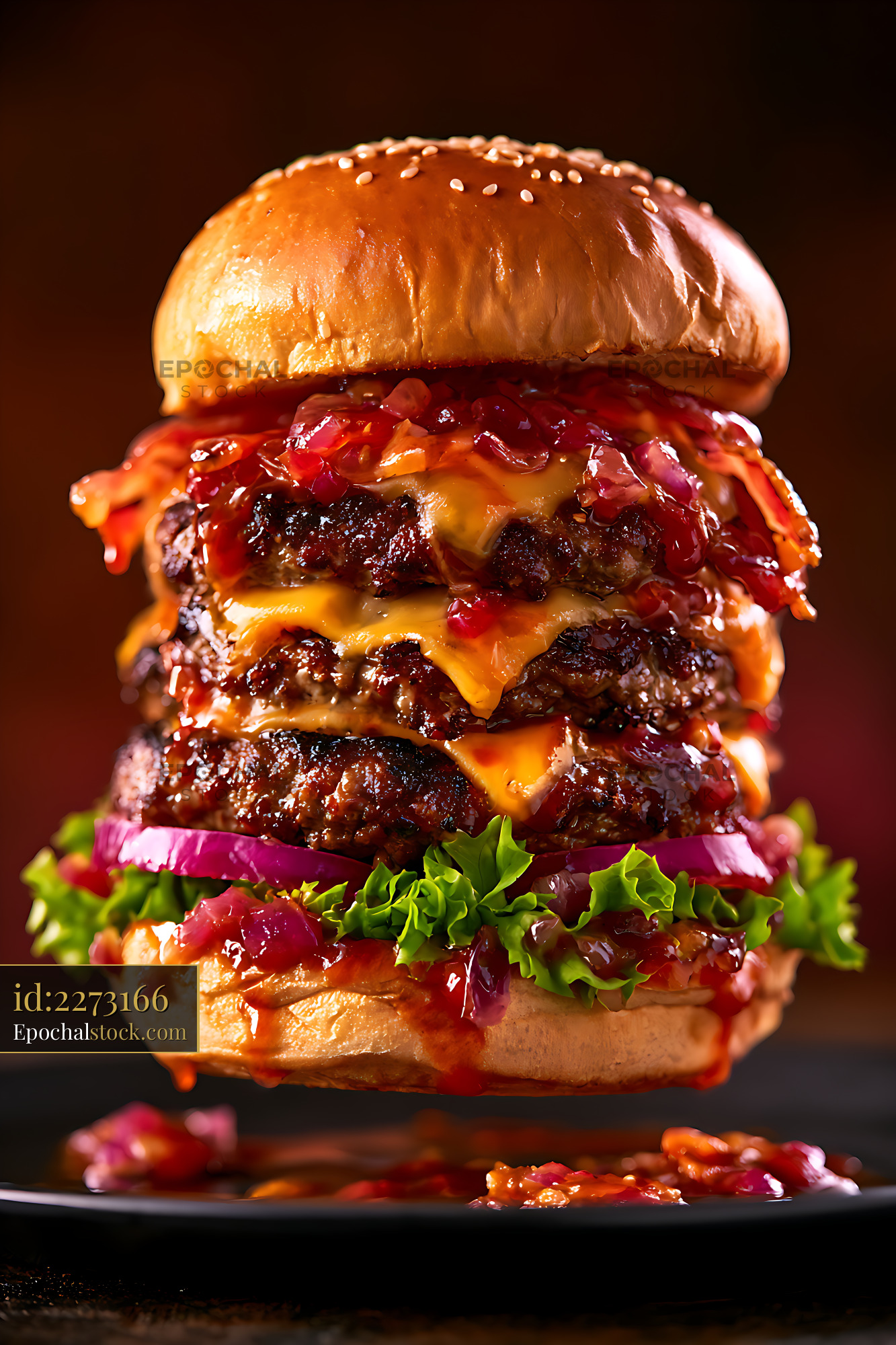 Watermarked full-resolution preview of Loaded triple cheeseburger in dramatic close-up
