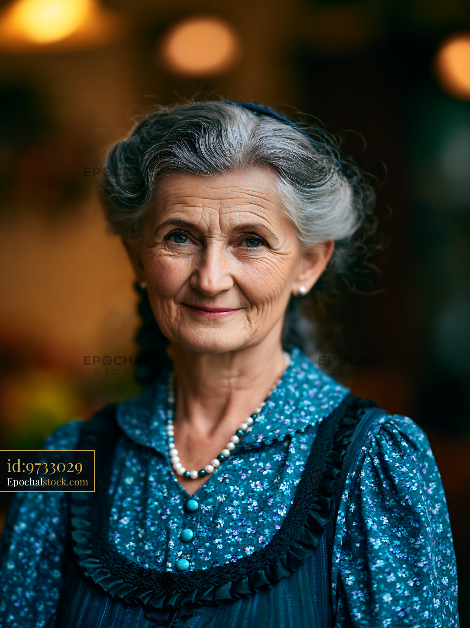 Watermarked full-resolution preview of Portrait of an elderly woman with gray hair and a blue dress