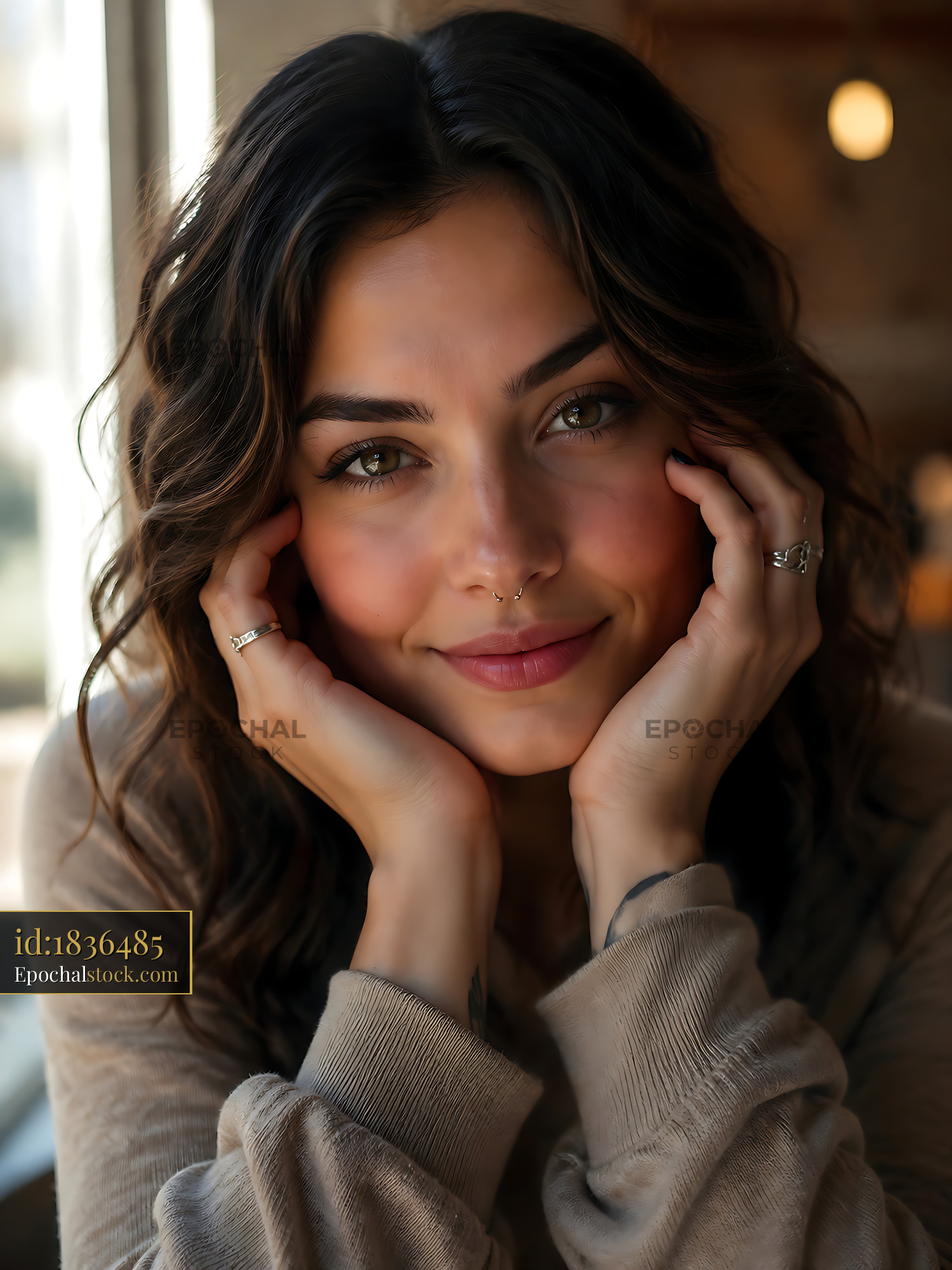 Watermarked full-resolution preview of Portrait of a woman smiling with hands on her face