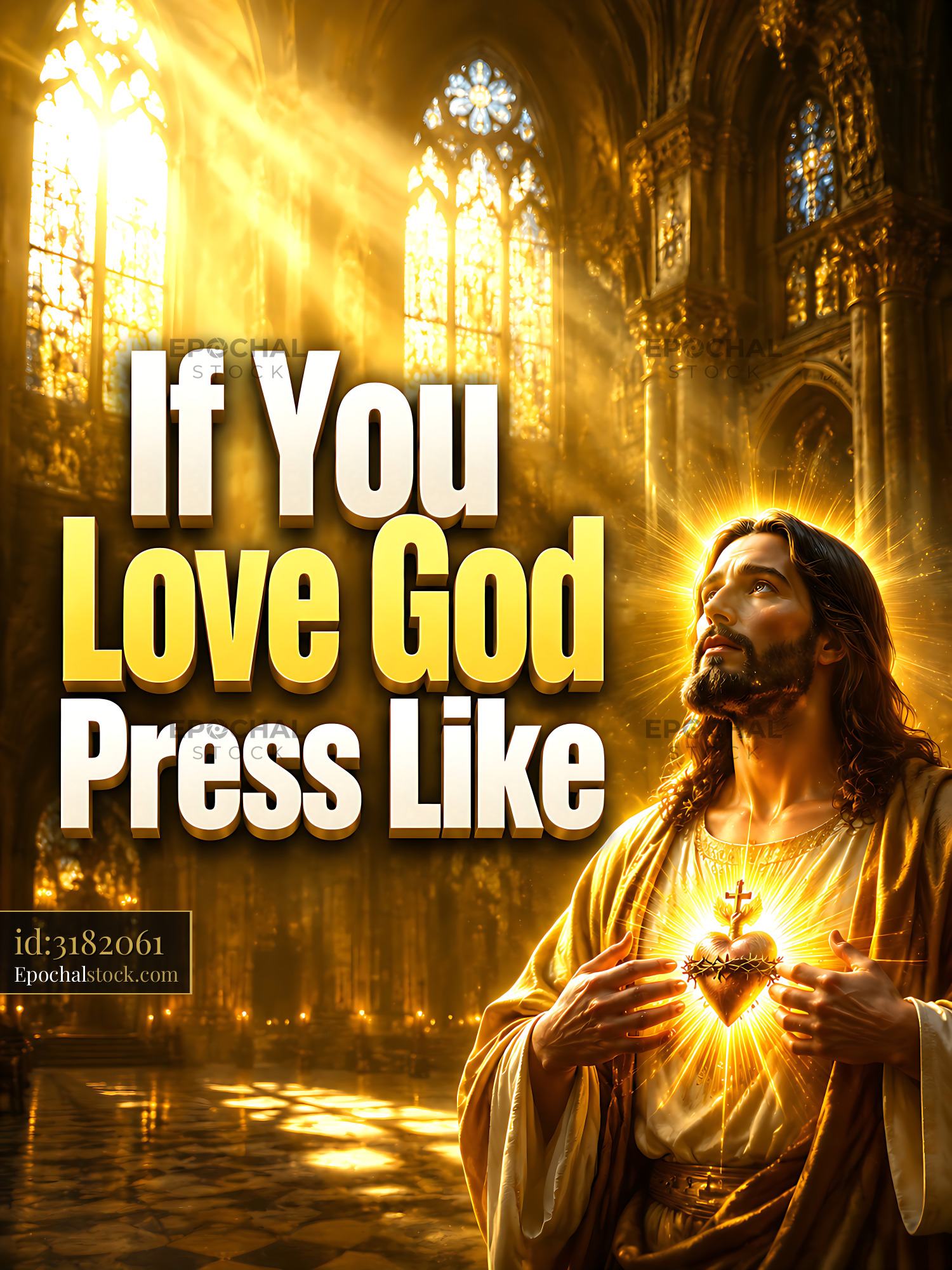 Watermarked full-resolution preview of Religious figure holding sacred heart with sunlight in background