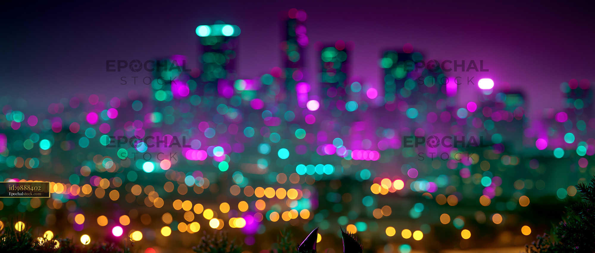 Watermarked full-resolution preview of Colorful city lights at night with blurred skyscrapers