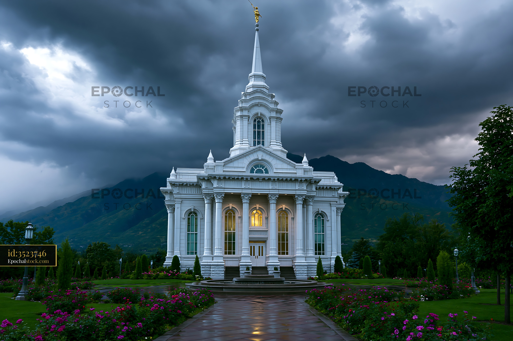 Watermarked full-resolution preview of Elegant white temple in a mountain garden after rain