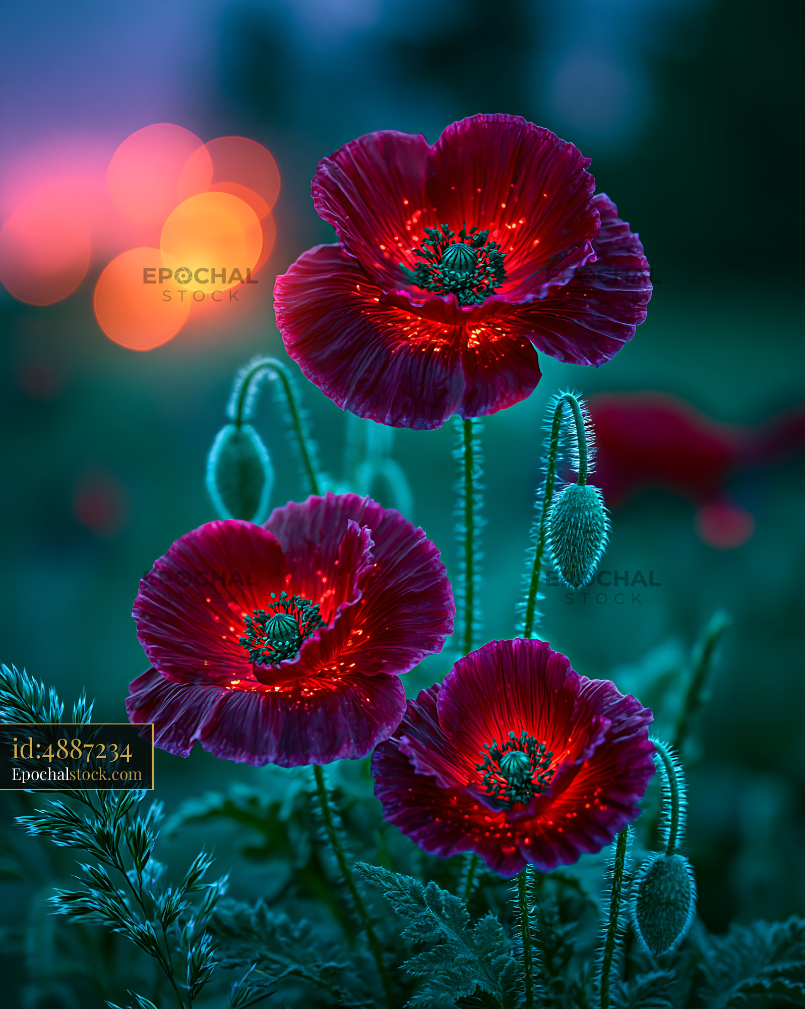 Watermarked full-resolution preview of Vibrant red poppies blooming in soft evening light