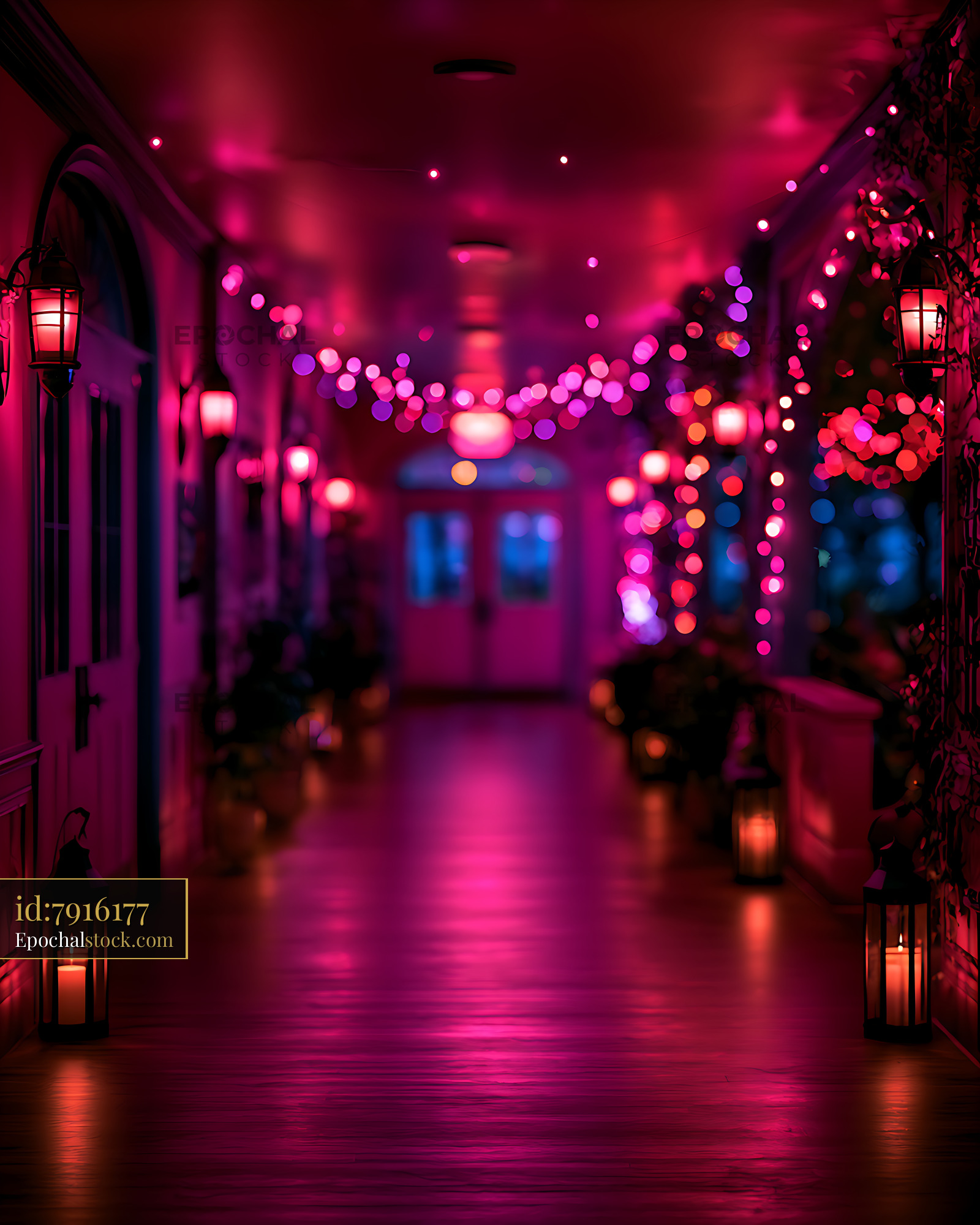 Watermarked full-resolution preview of Vibrant pink and blue hallway decorated with glowing lights