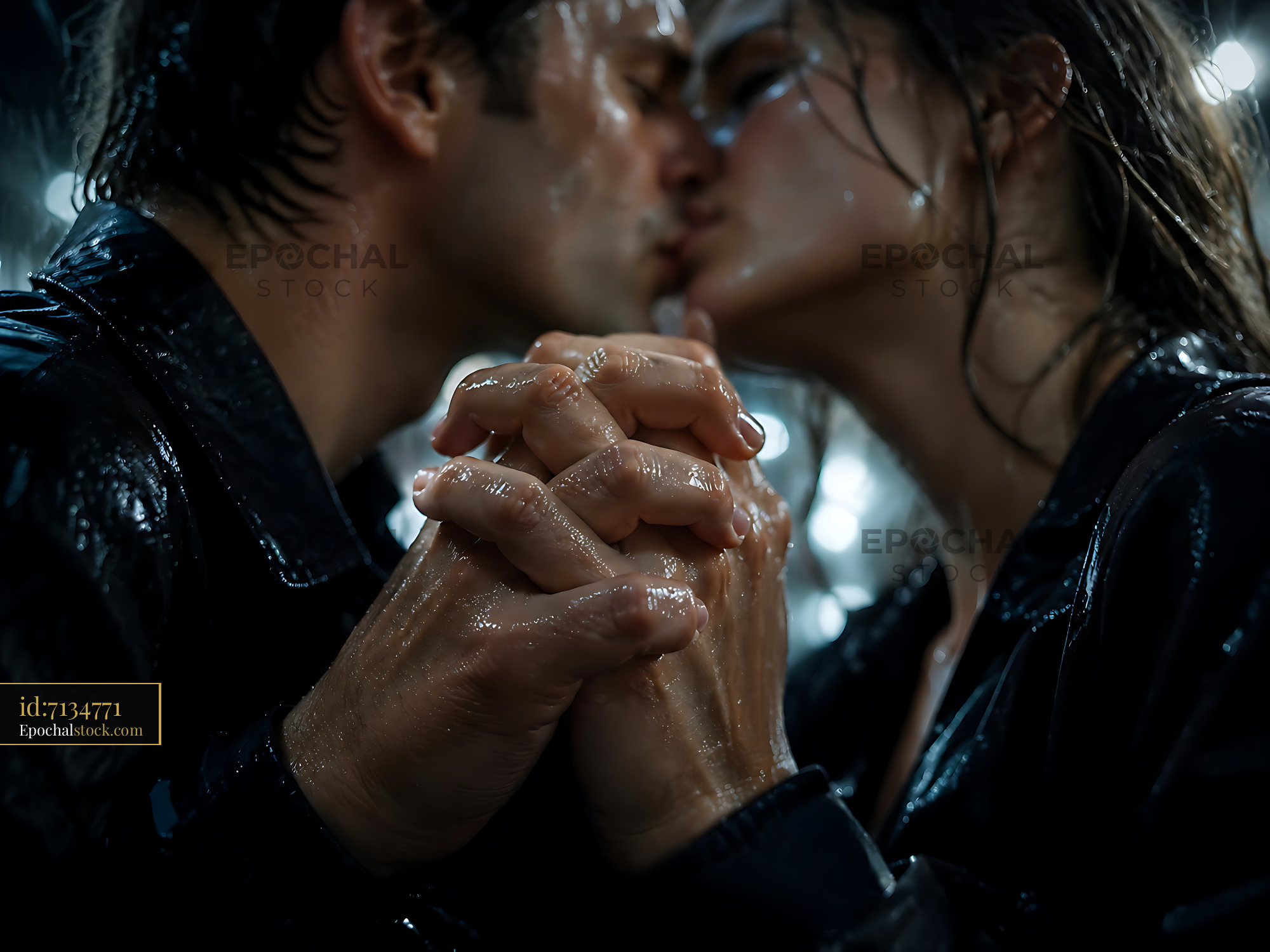 Watermarked full-resolution preview of Couple kissing under rain with hands clasped tightly