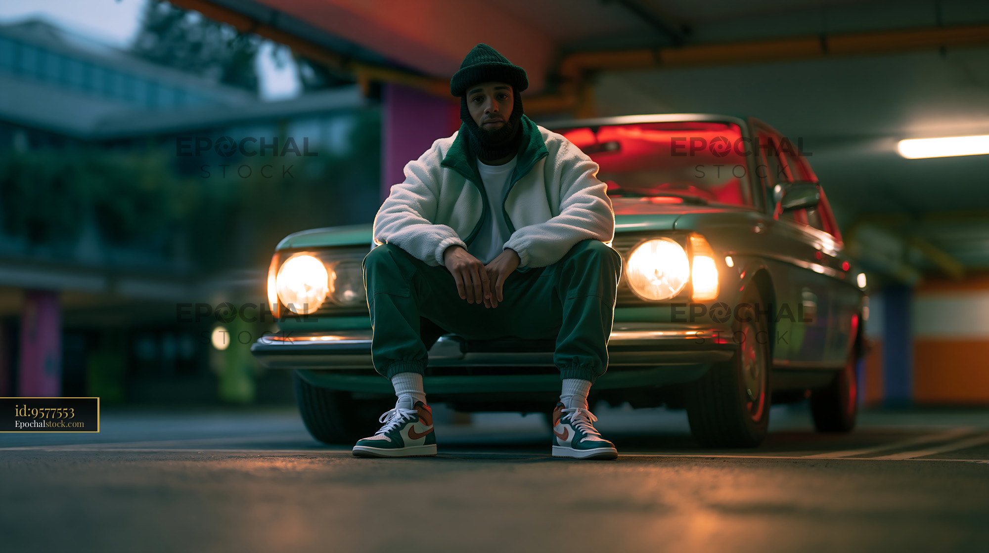 Watermarked full-resolution preview of Man sitting in front of a vintage car in an underground parking garage