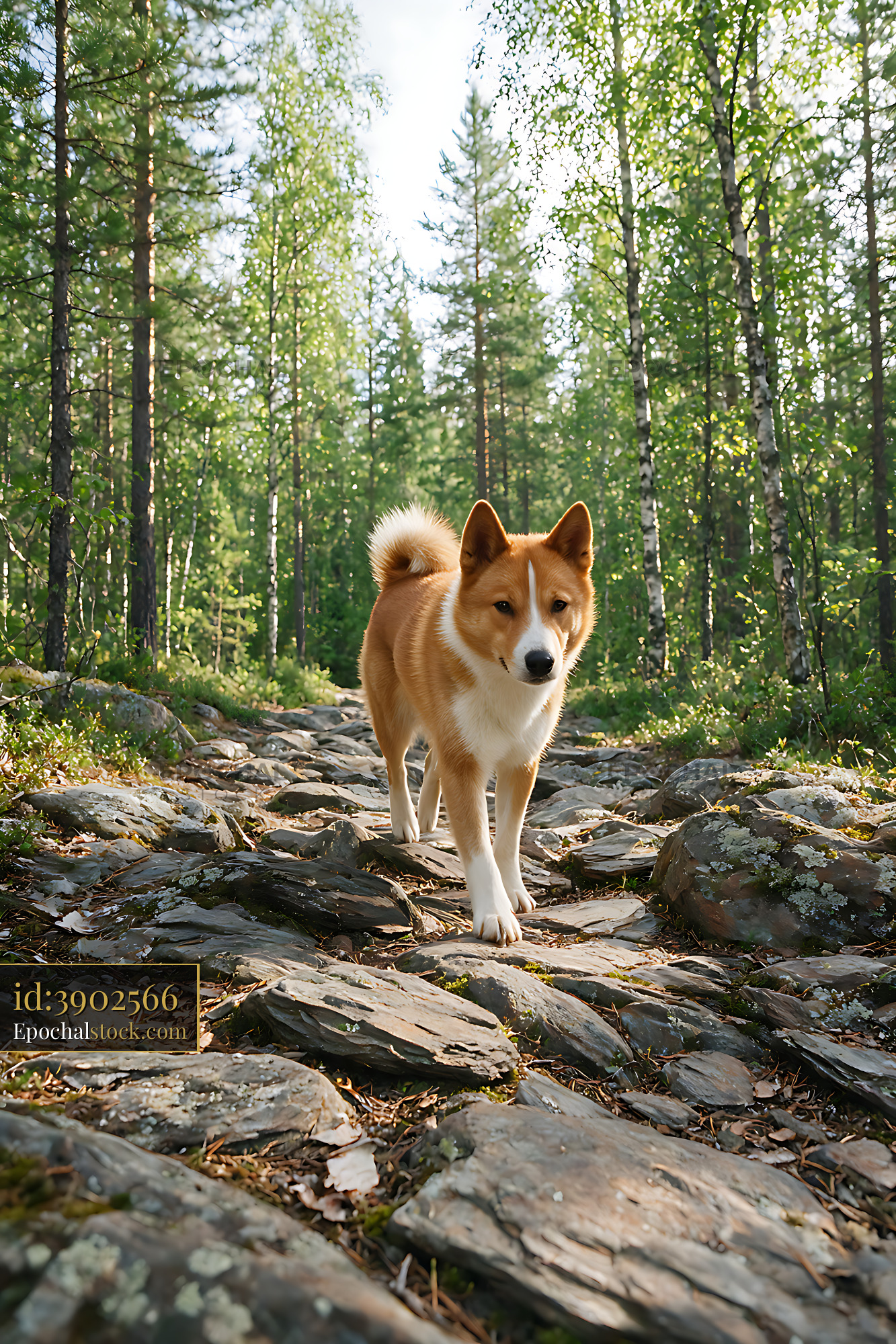 Watermarked full-resolution preview of Dog Standing on a Rocky Woodland Trail