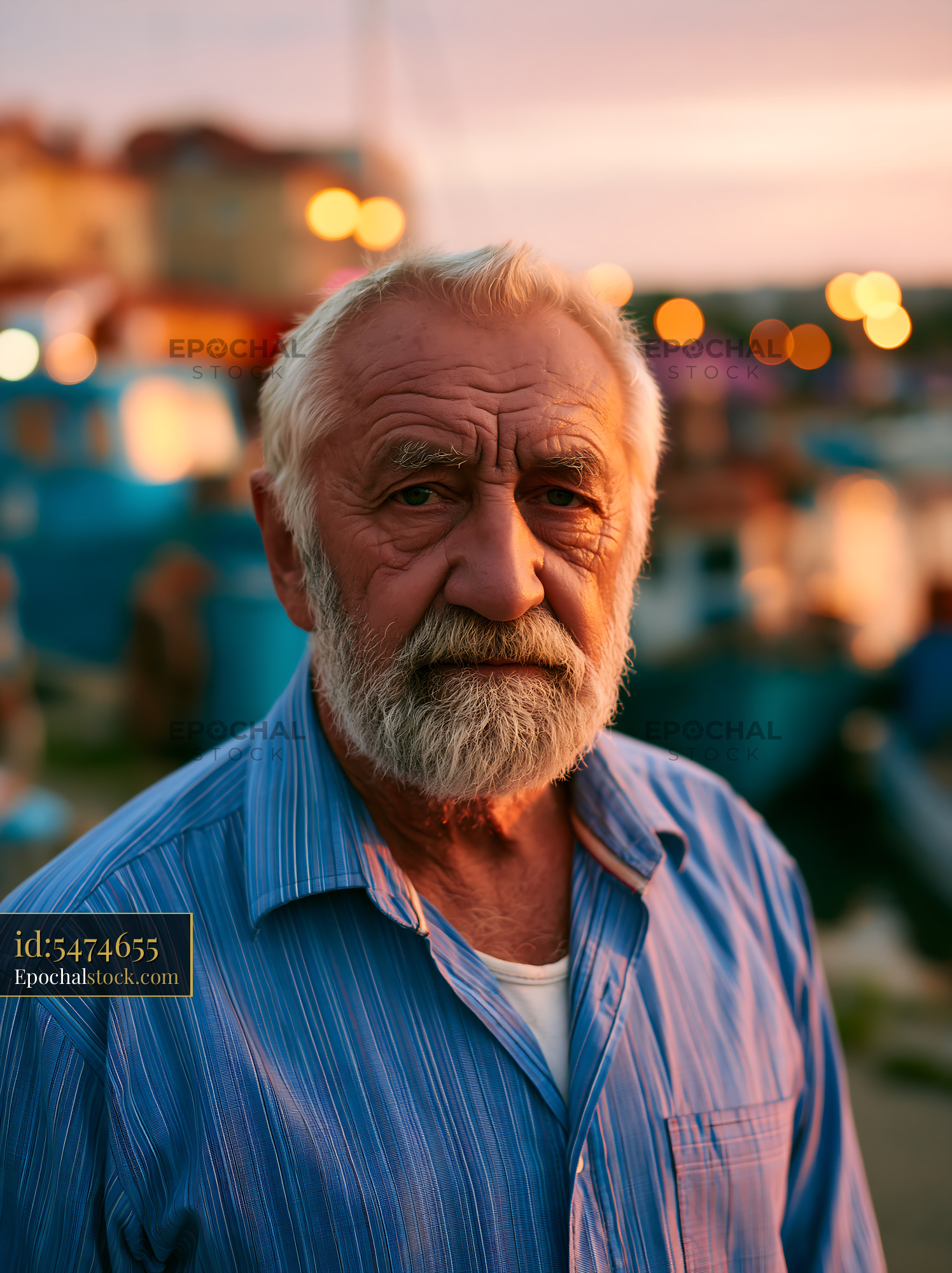 Elderly Man Stands by Boats at Sunset With City Lights Behind Him — stock example for Imagen 4 Fast solution examples