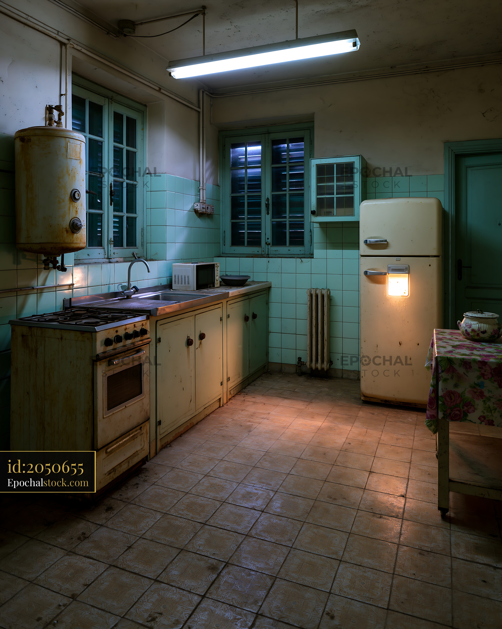 Watermarked full-resolution preview of Old kitchen with vintage appliances and tiled walls