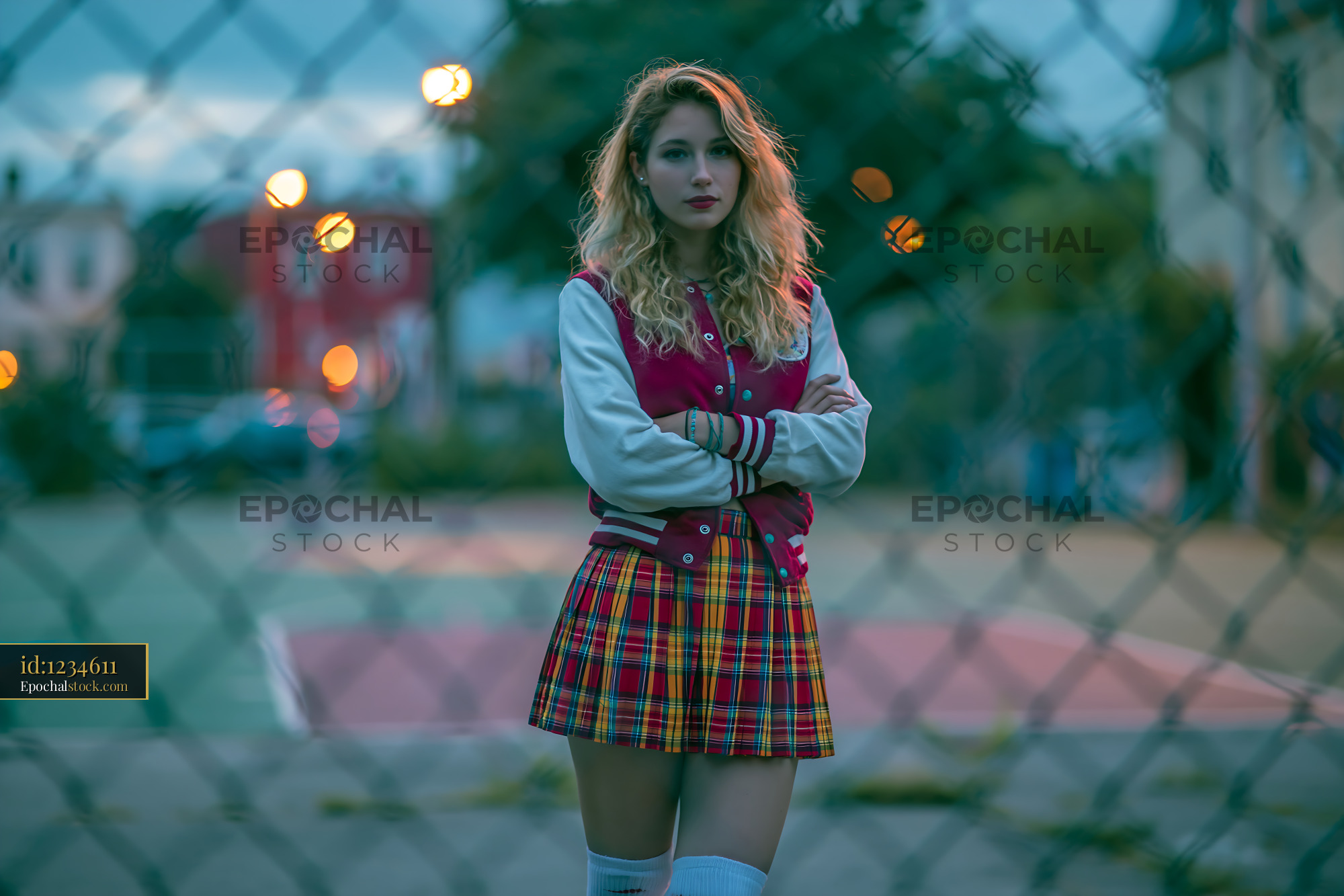 Watermarked full-resolution preview of Woman in varsity jacket and plaid skirt behind fence