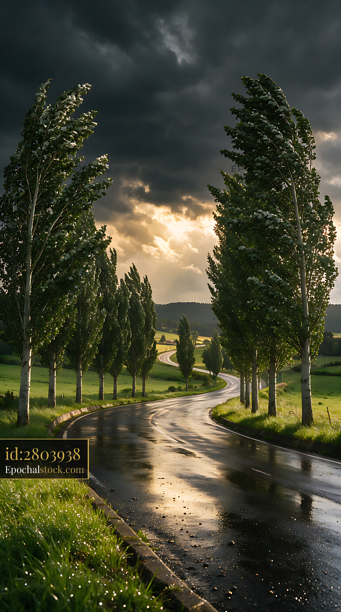 Watermarked full-resolution preview of Wet winding road lined with poplar trees beneath dramatic clouds