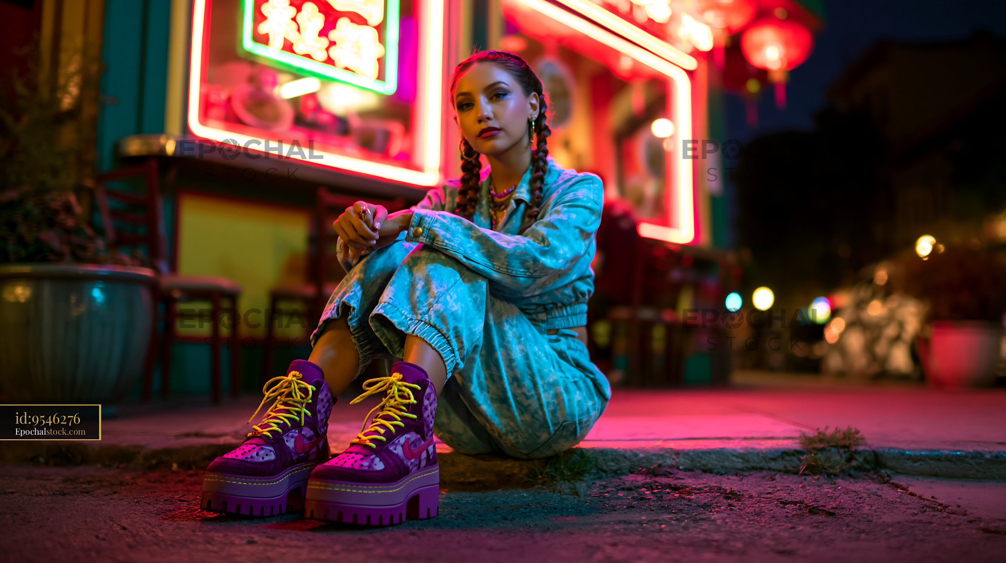 Watermarked full-resolution preview of Woman sitting in urban alley at night with colorful lights