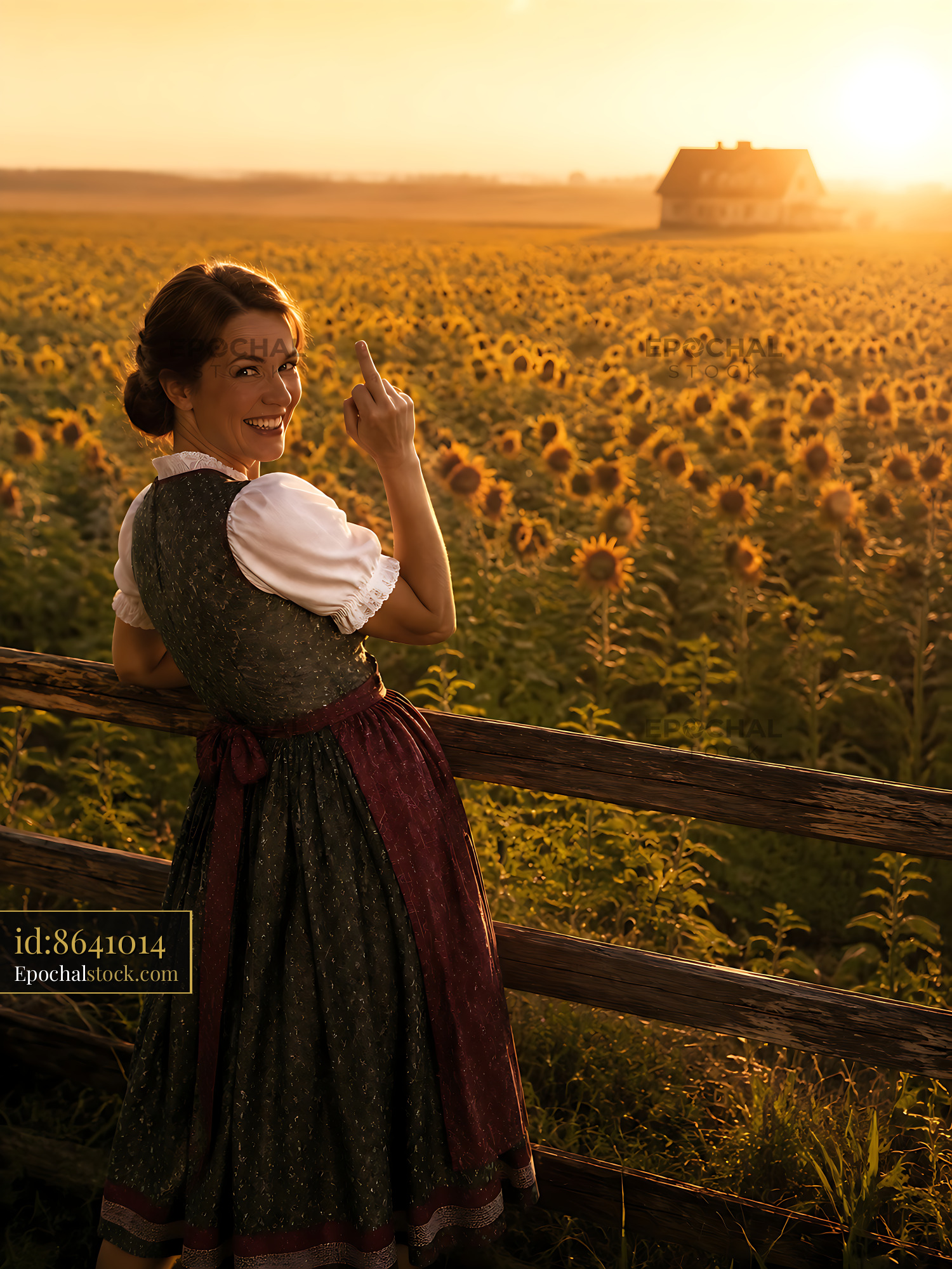 Watermarked full-resolution preview of Woman in traditional dress gestures in a sunflower field at sunset