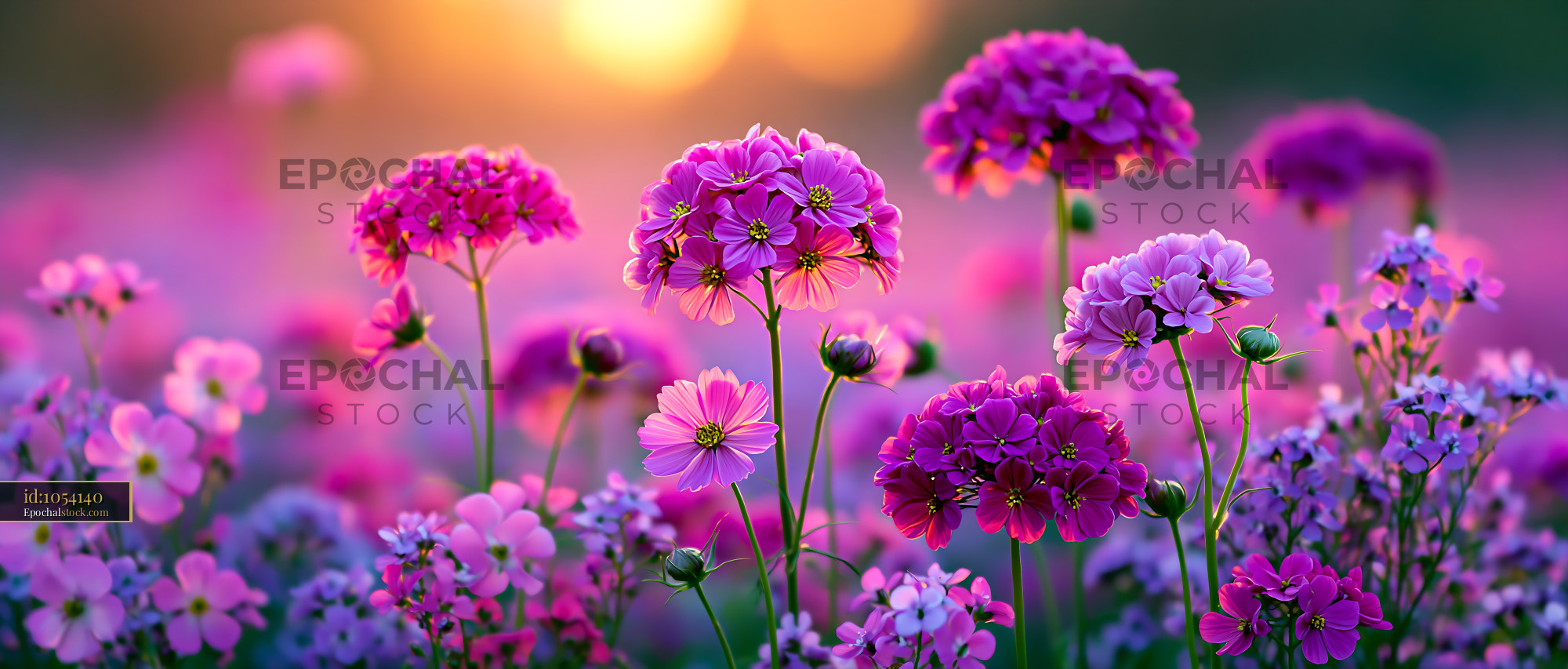 Watermarked full-resolution preview of Colorful flower field at sunset with different blooms
