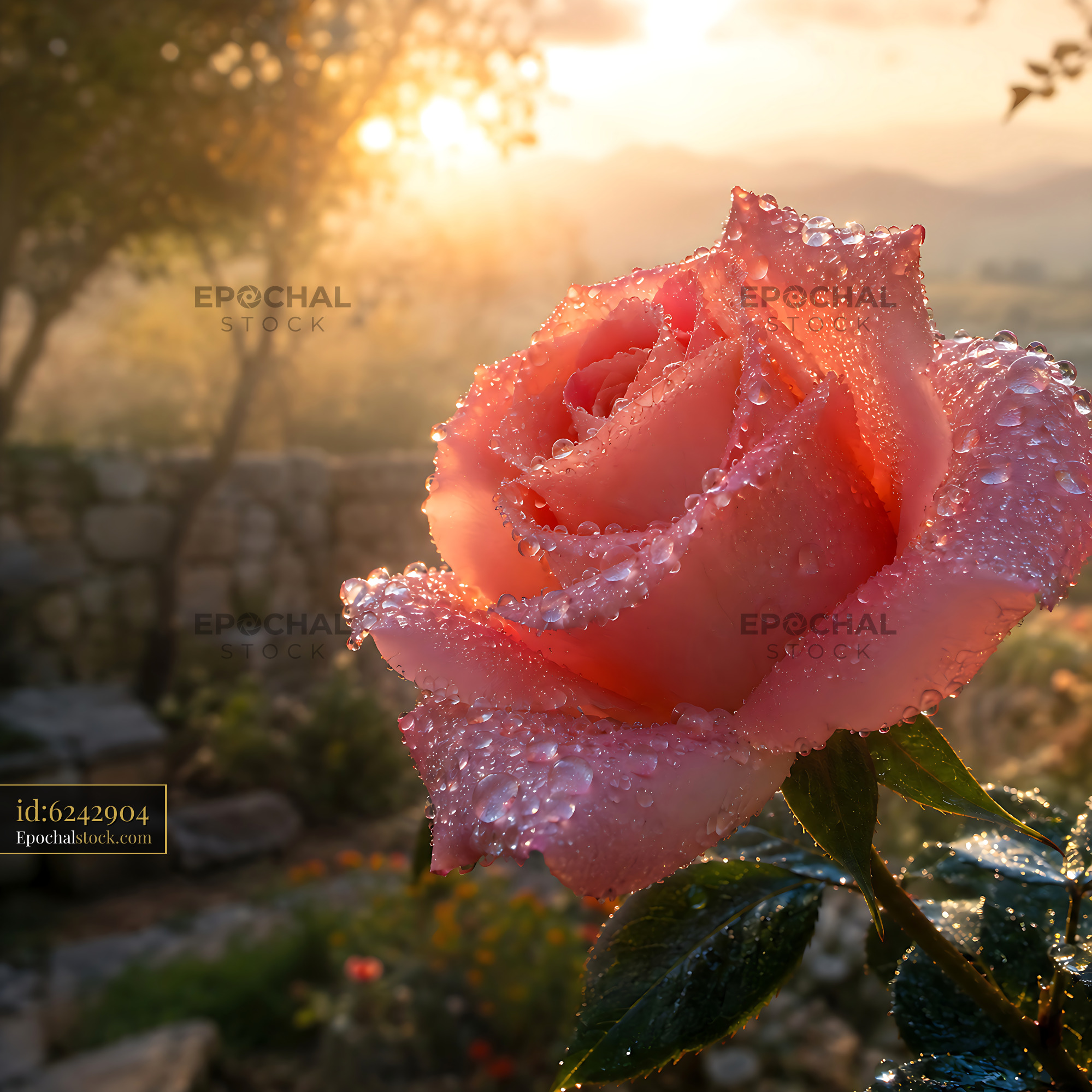 Watermarked full-resolution preview of Pink rose with dew drops in a garden at sunset