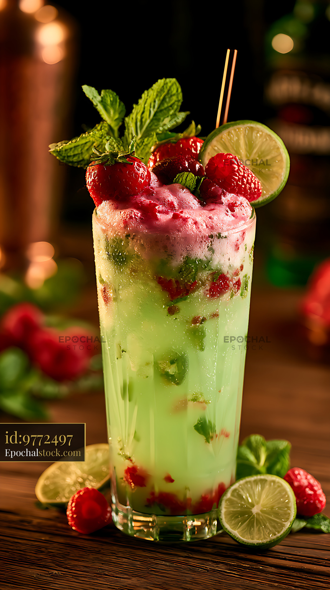 Watermarked full-resolution preview of Pale green fruit drink topped with berries, lime, and mint