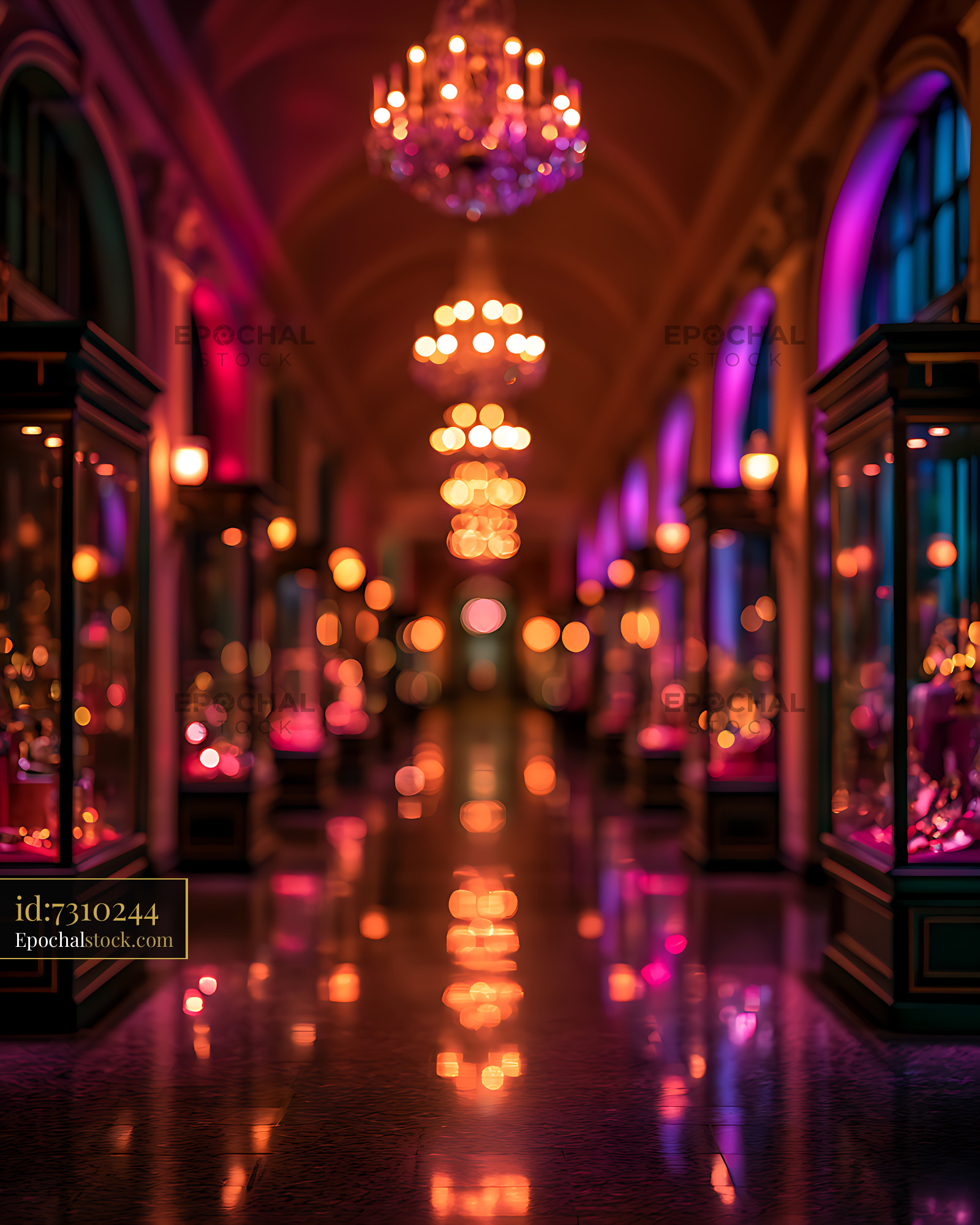 Watermarked full-resolution preview of Abstract colorful chandelier interior with floor reflections