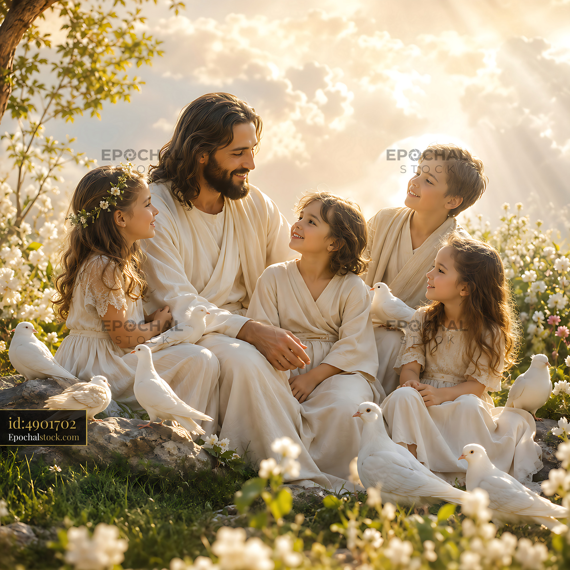 Watermarked full-resolution preview of Children and man in white robes interact among flowers and doves