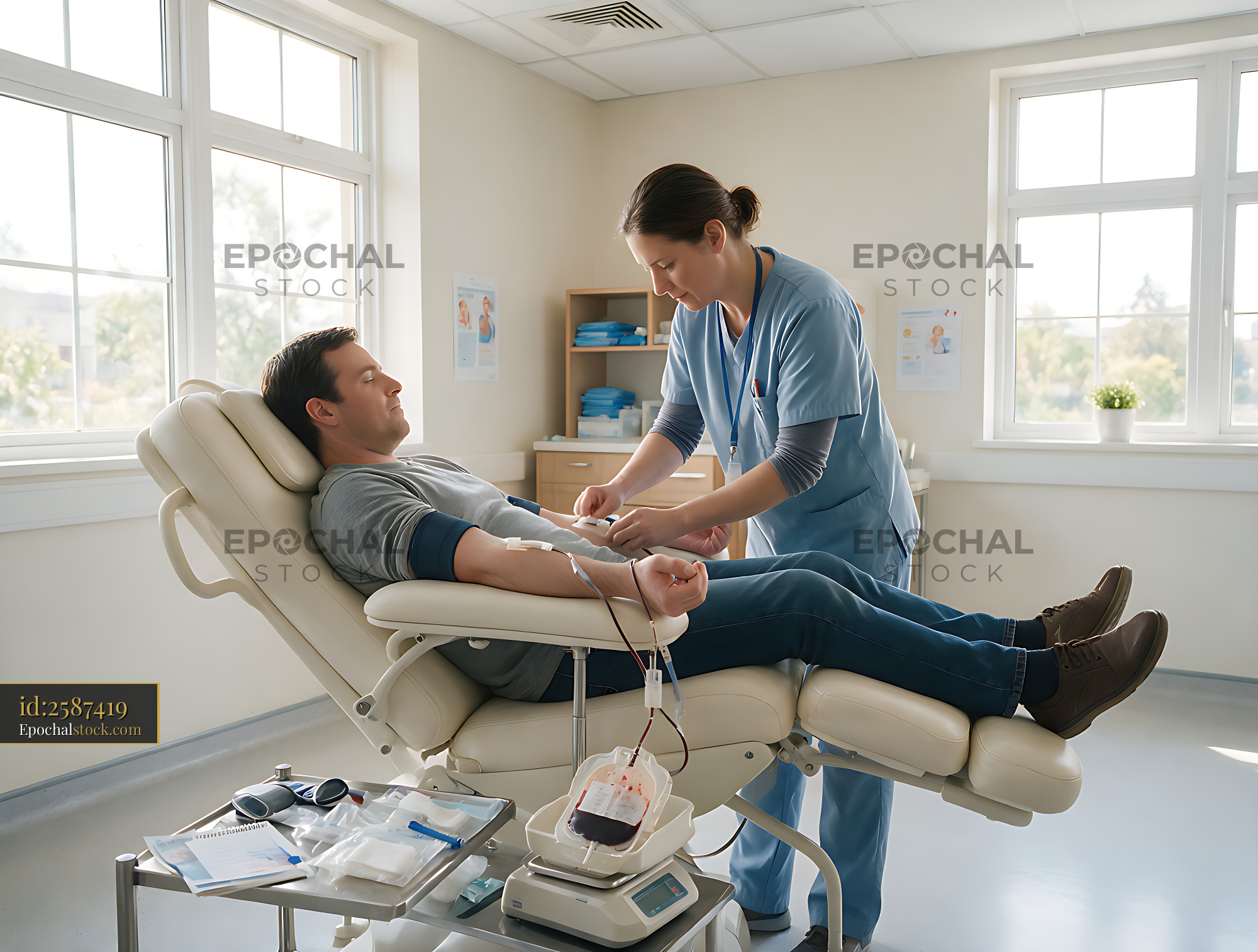 Watermarked full-resolution preview of Donor receiving blood collection assistance